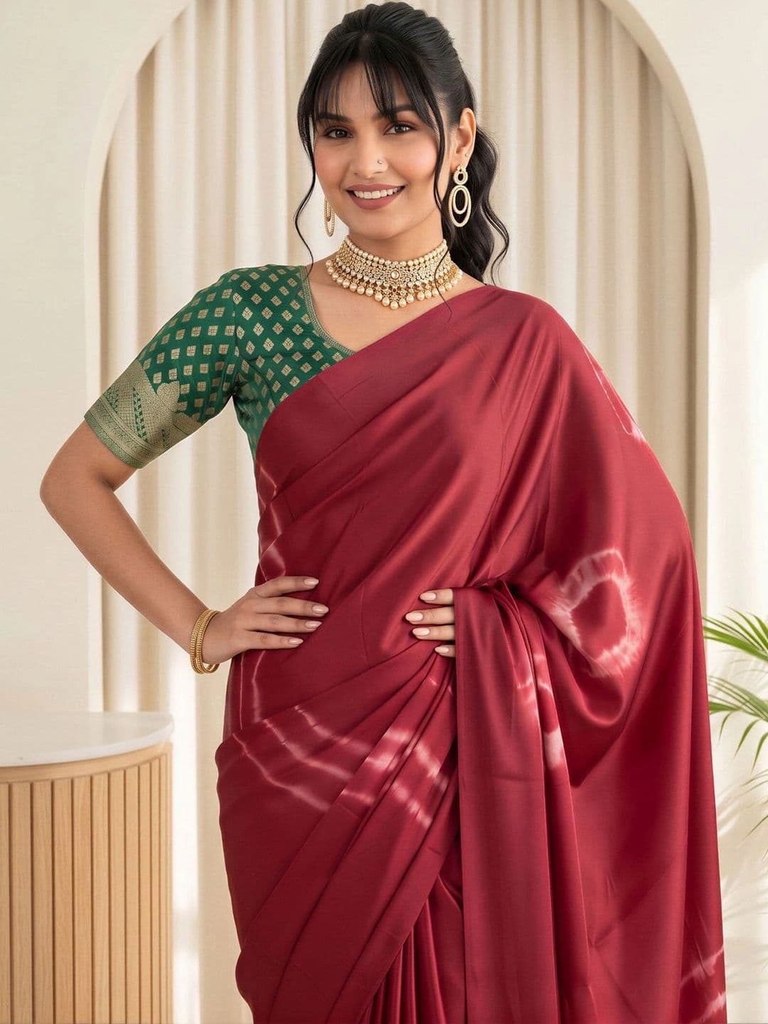 Sangria Tie and Dye Silk Blend Designer Block Print Saree thumbnail 4