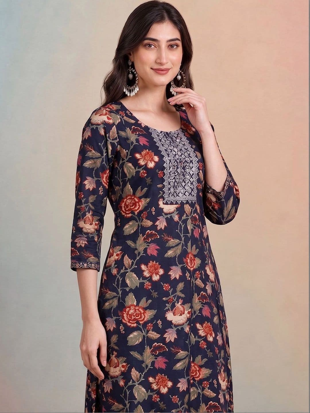 AADVIKA Women Floral Printed Regular Thread Work Kurta with Trousers & With Dupatta thumbnail 5
