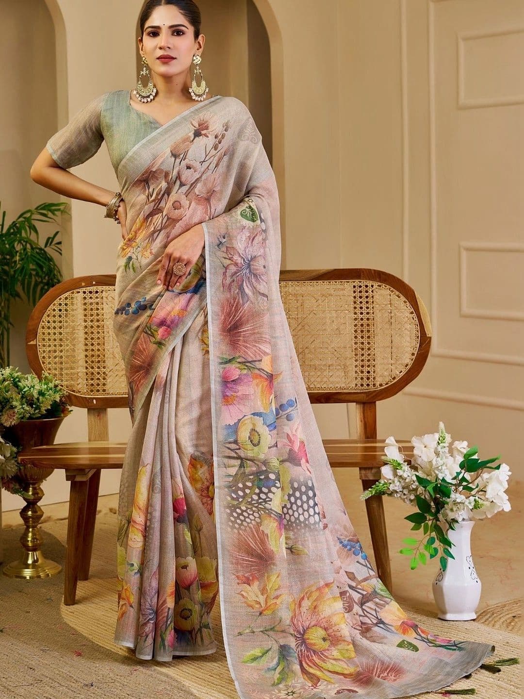 ZAMUNA Women Floral Tissue Designer Bhagalpuri Saree thumbnail 3