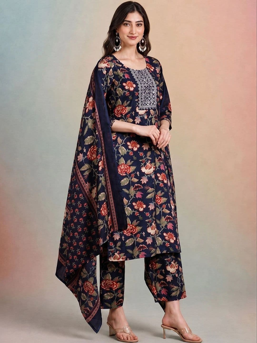 AADVIKA Women Floral Printed Regular Thread Work Kurta with Trousers & With Dupatta thumbnail 2