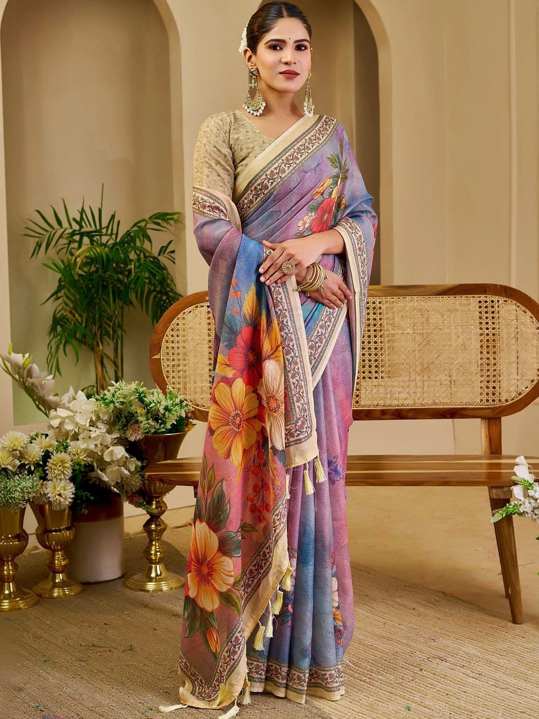 SAIYAMORI Floral Pure Cotton Fusion Saree thumbnail 7