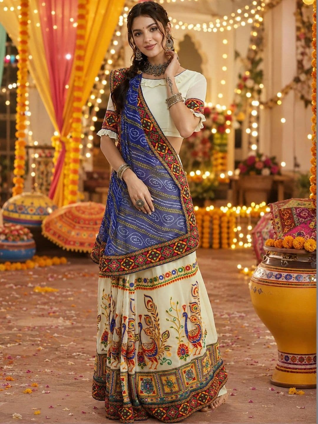 Sangria Ethnic Motifs Embroidered Pure Georgette Half and Half Bandhani Saree - view 1