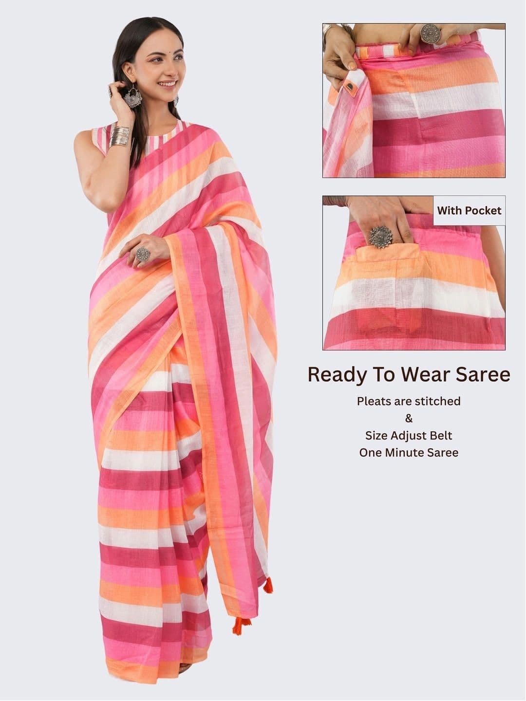 SAMANTHA Striped Linen Blend Belted Saree thumbnail 7