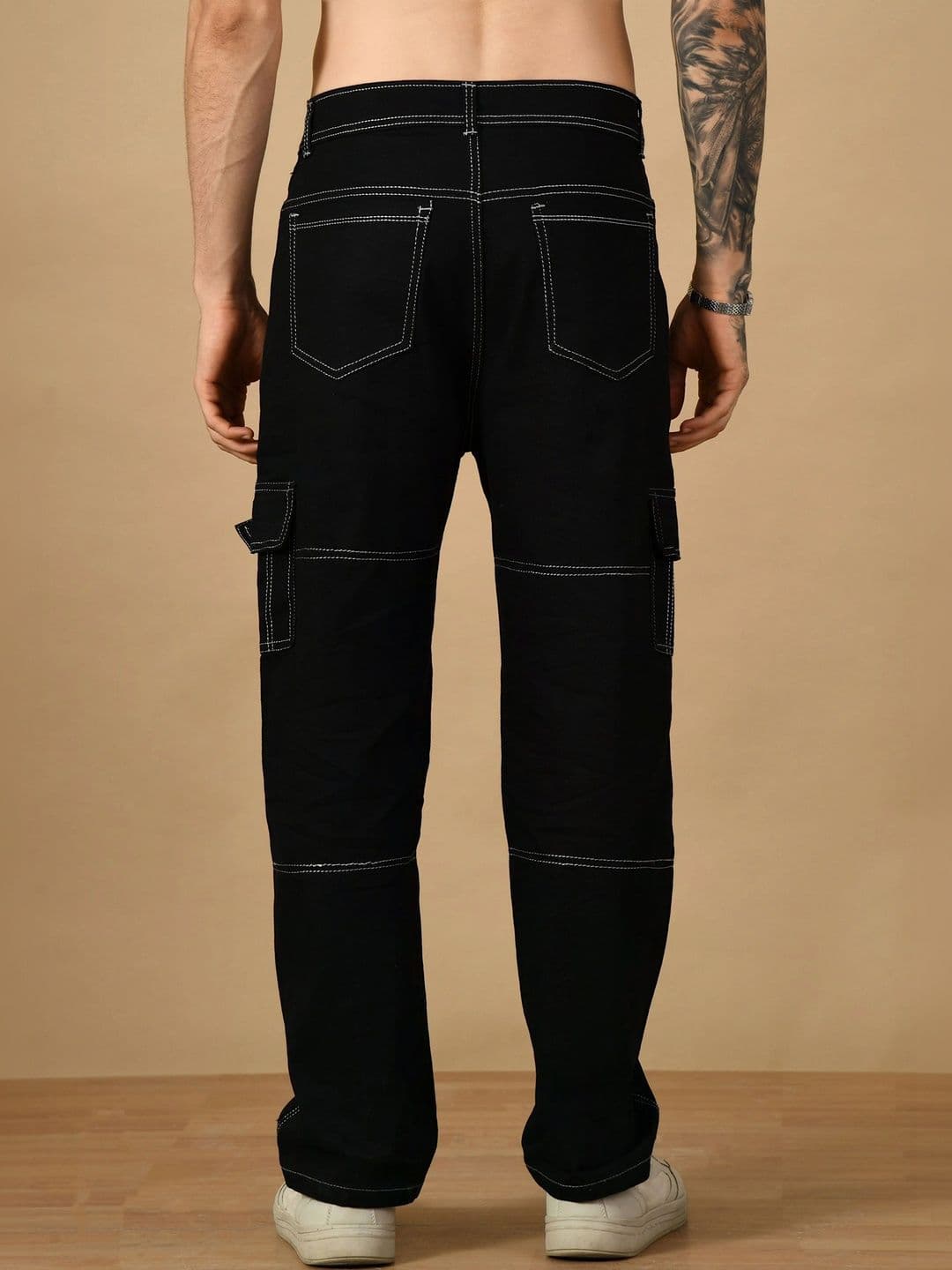 HERE&NOW Men's Contrast-Stitched Mid-Rise Relaxed Straight Cargo Jeans thumbnail 4