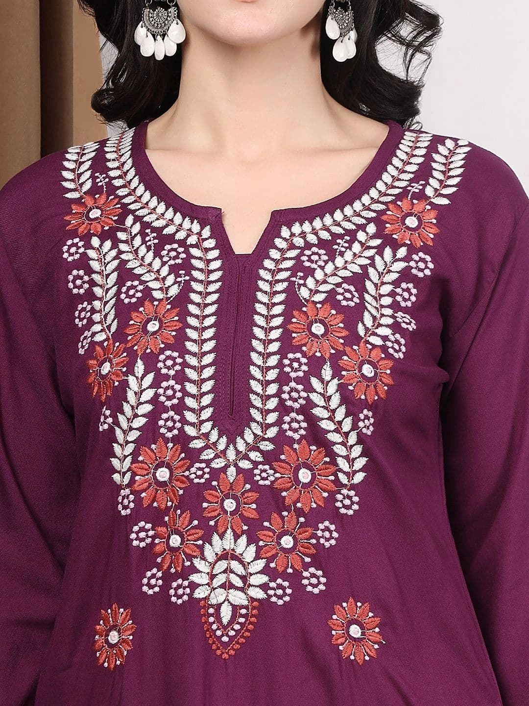 TOP N THREAD Women Wine Floral motifs Embroidered Lucknowi Chikankari Straight Long Kurta thumbnail 5