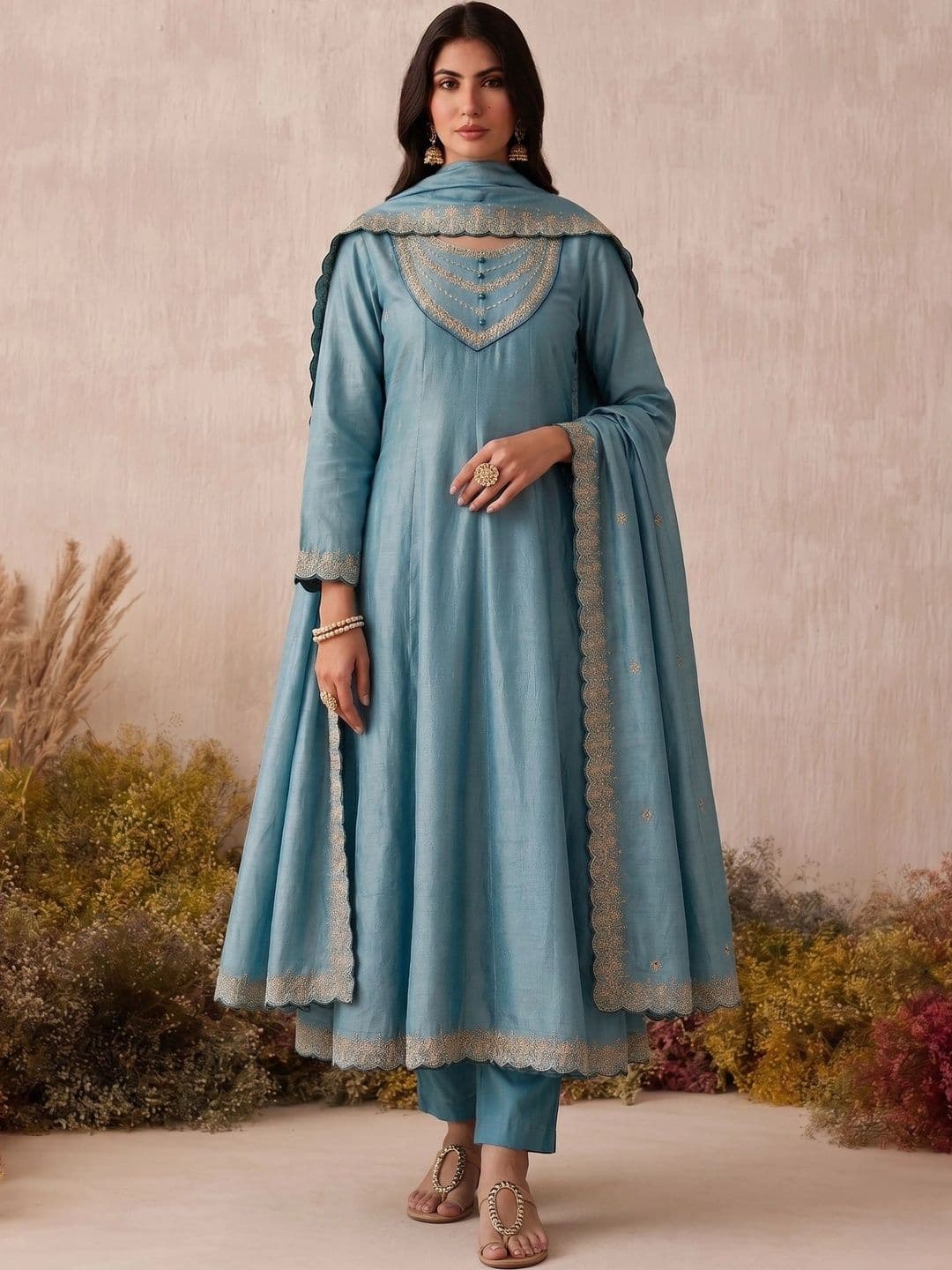 KALINI Women Ethnic Motifs Embroidered Empire Dupion Silk Kurta with Trousers & Dupatta thumbnail 6