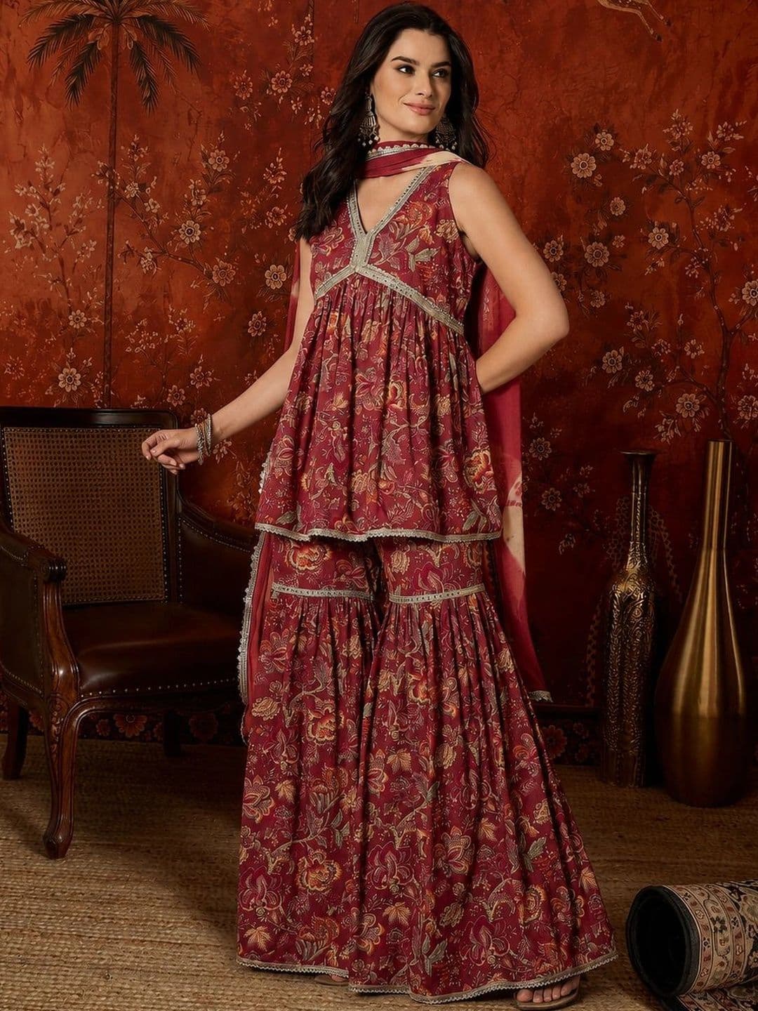 Sangria Women Printed Empire Gotta Patti Kurta with Sharara & With Dupatta thumbnail 5