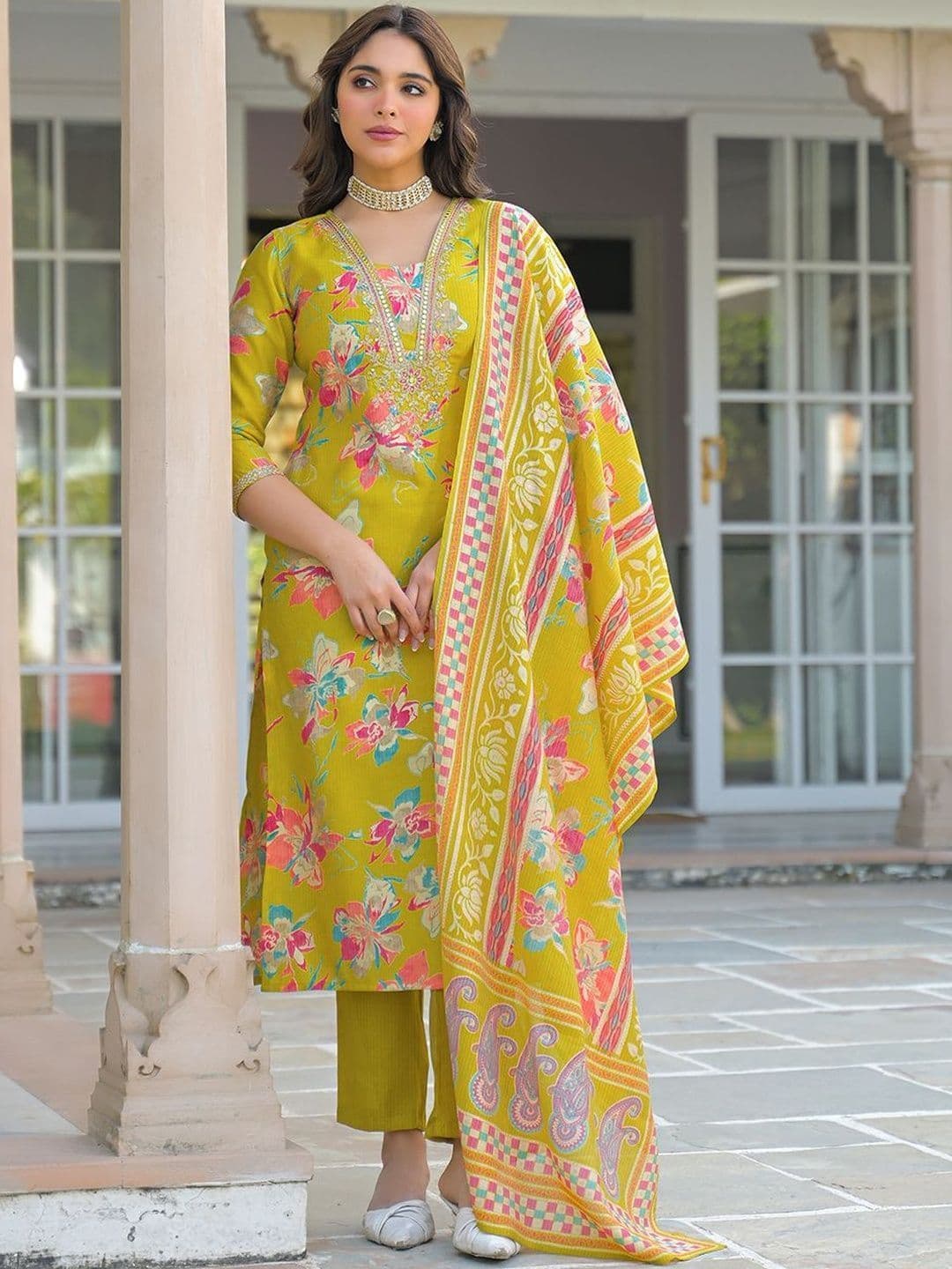 KALINI Women Floral Printed Regular Thread Work Kurta with Trousers & With Dupatta thumbnail 2