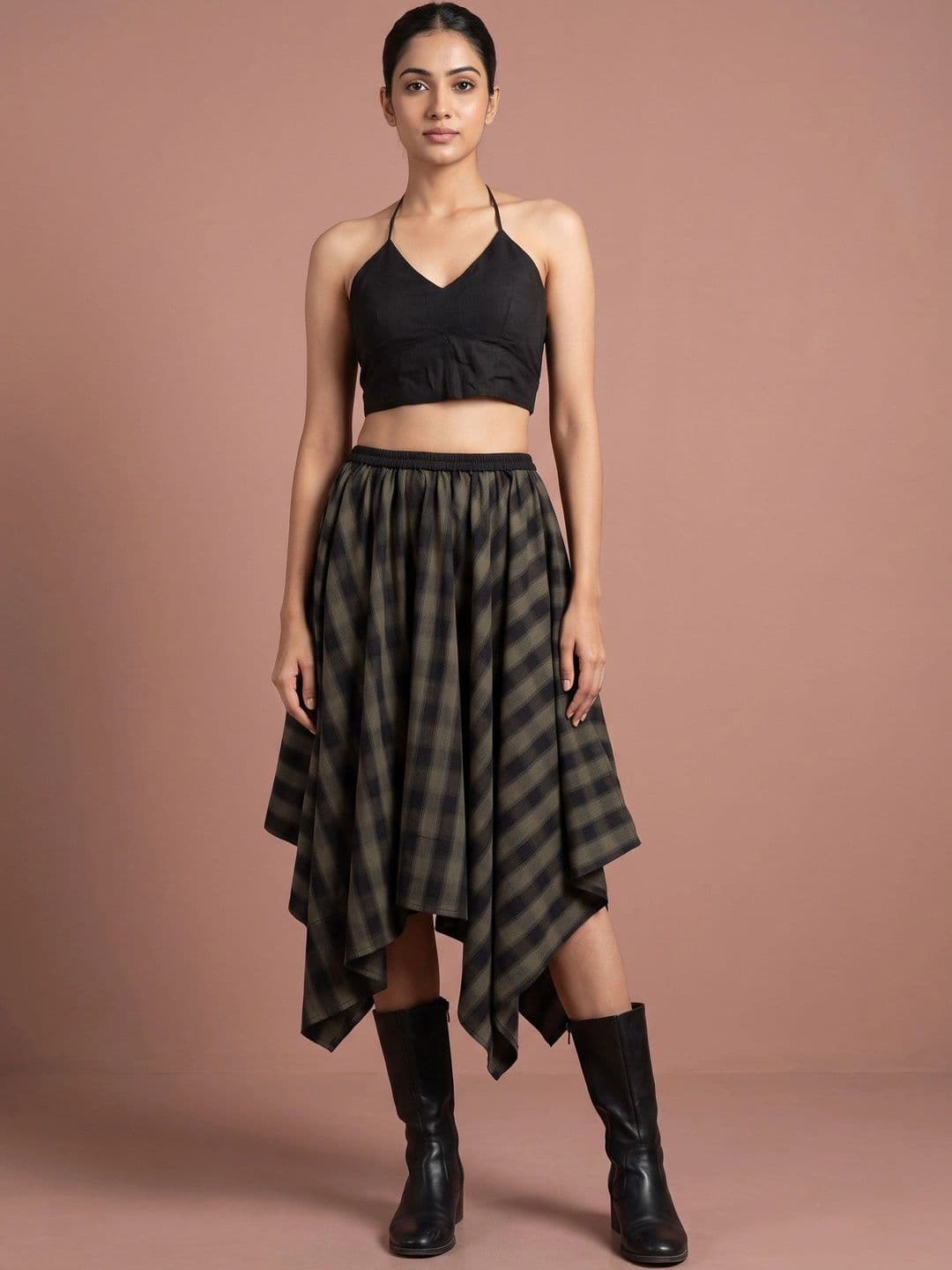 INUKA Women Pure Cotton Checked Summer Checks Midi Flared Skirt - view 1