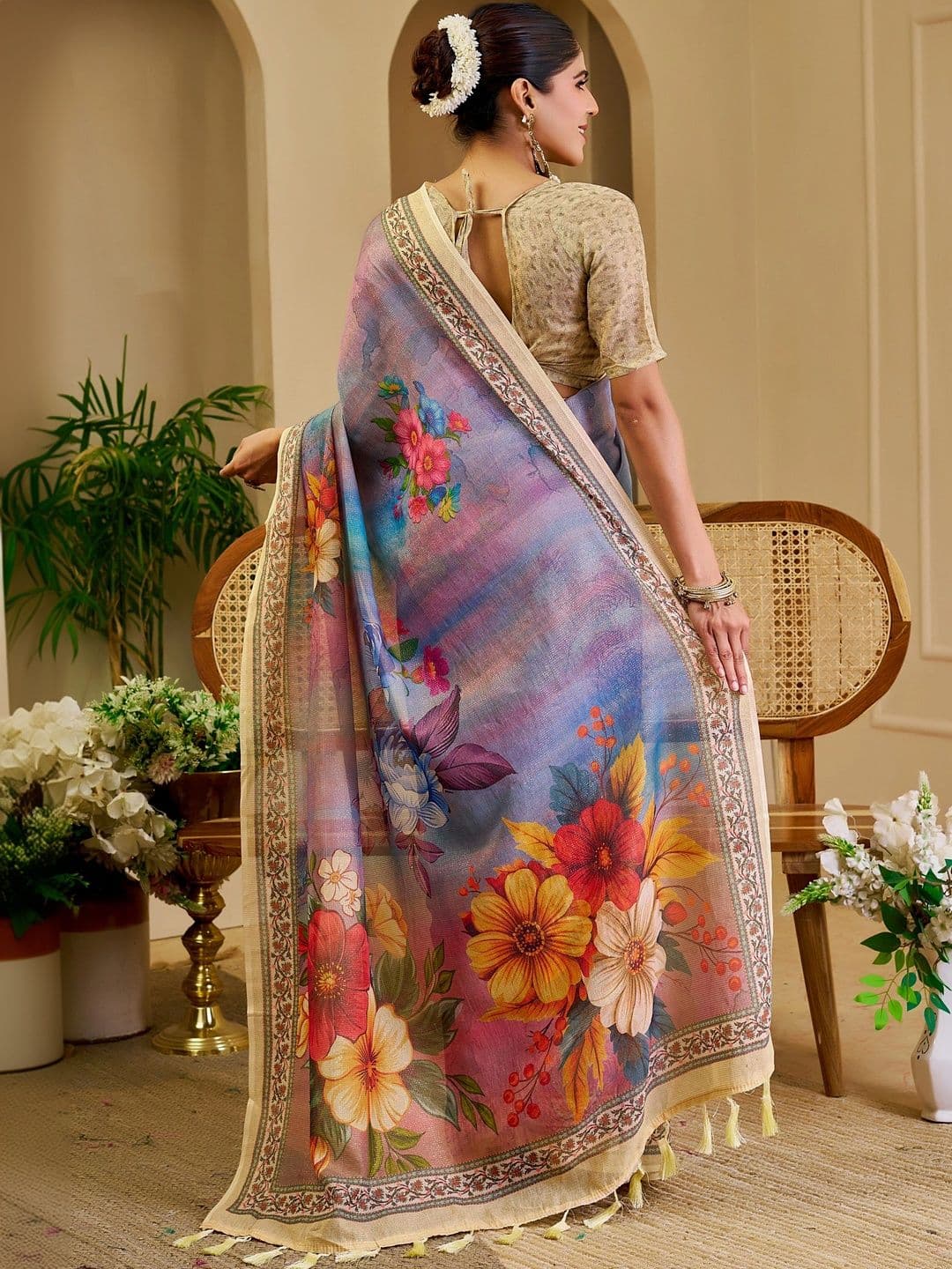 SAIYAMORI Floral Pure Cotton Fusion Saree thumbnail 5