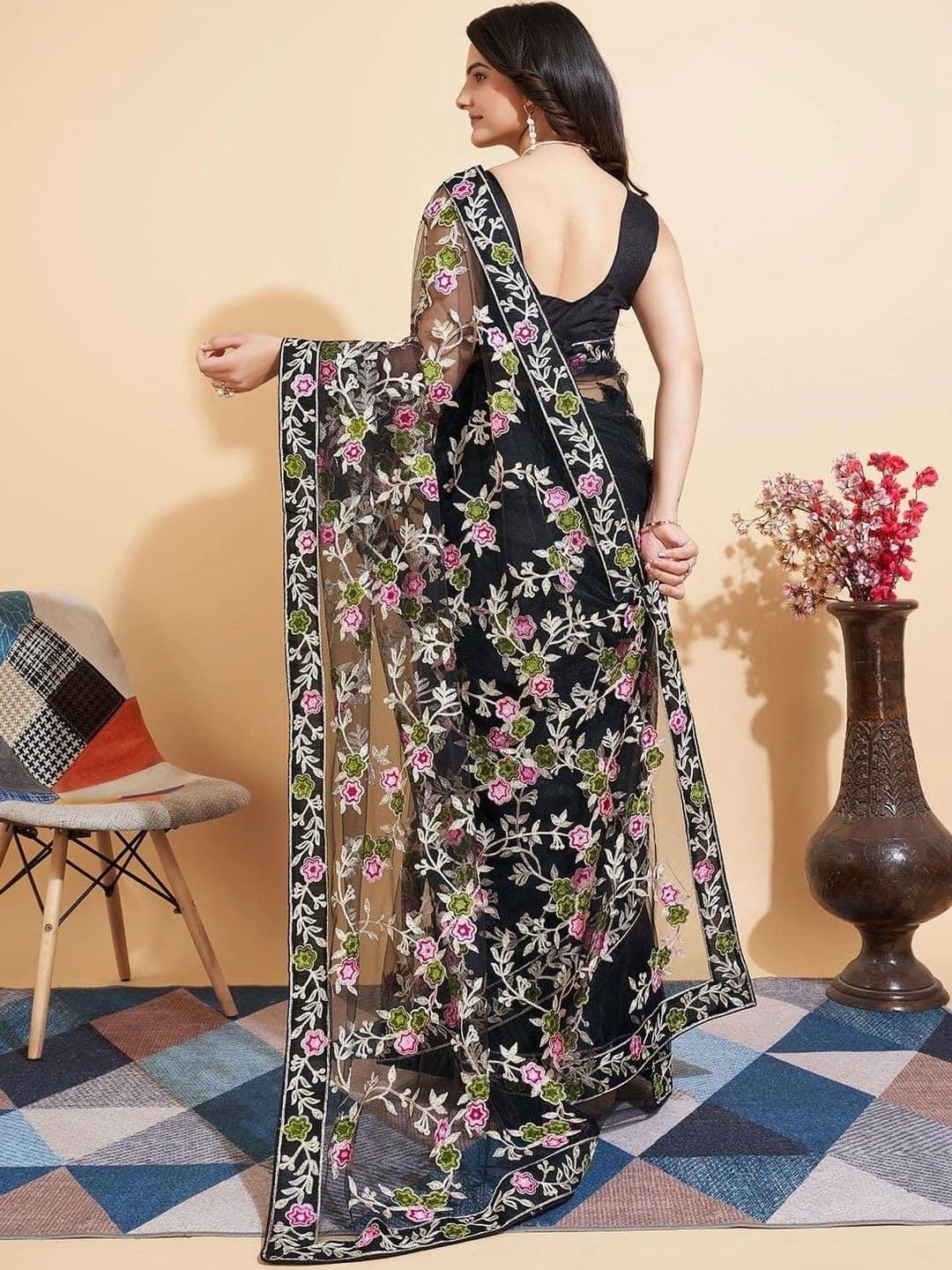akhodalkrp Floral Embroidered Net Saree thumbnail 2