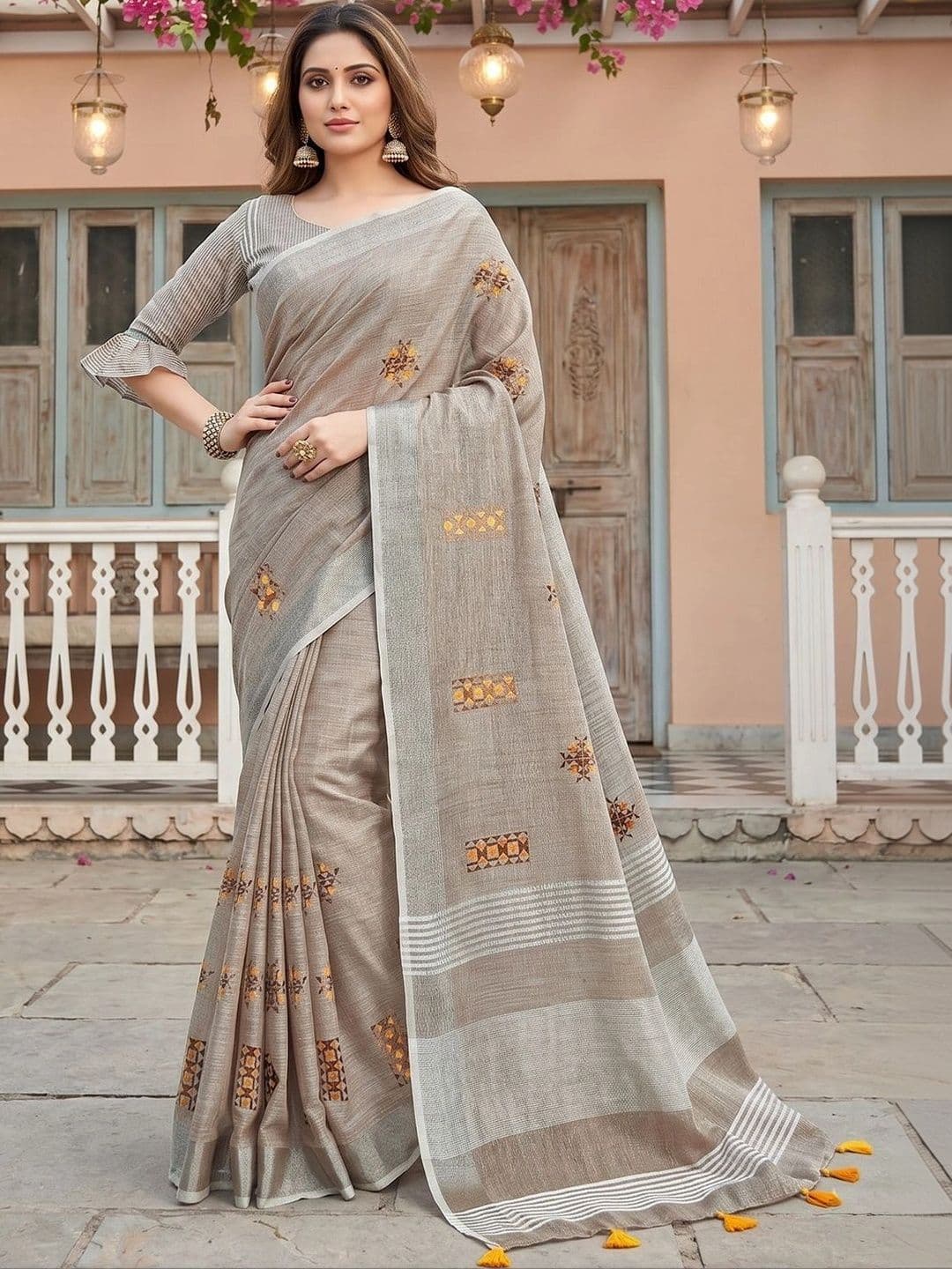 Mitera Striped Embroidered Linen Blend Saree - view 1