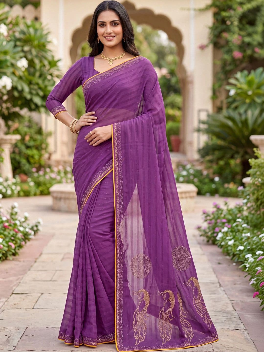 Jaipur Vogue Striped Embroidered Poly Georgette Saree - view 1