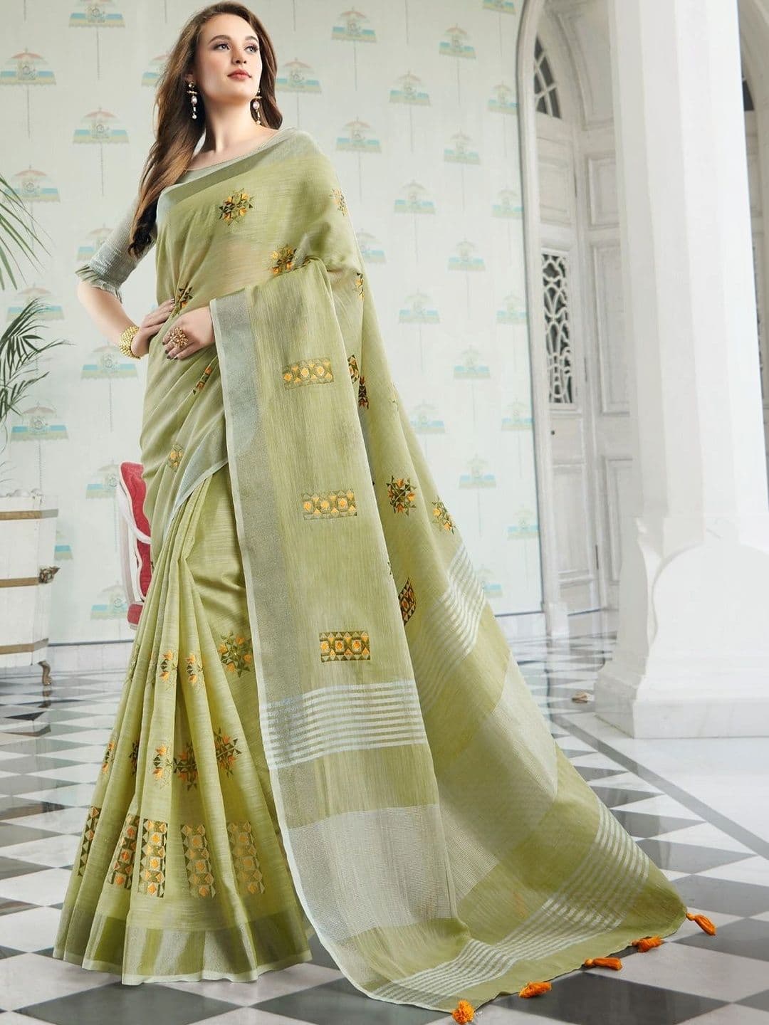 Mitera Woven Design Embroidered Linen Blend Saree - view 1