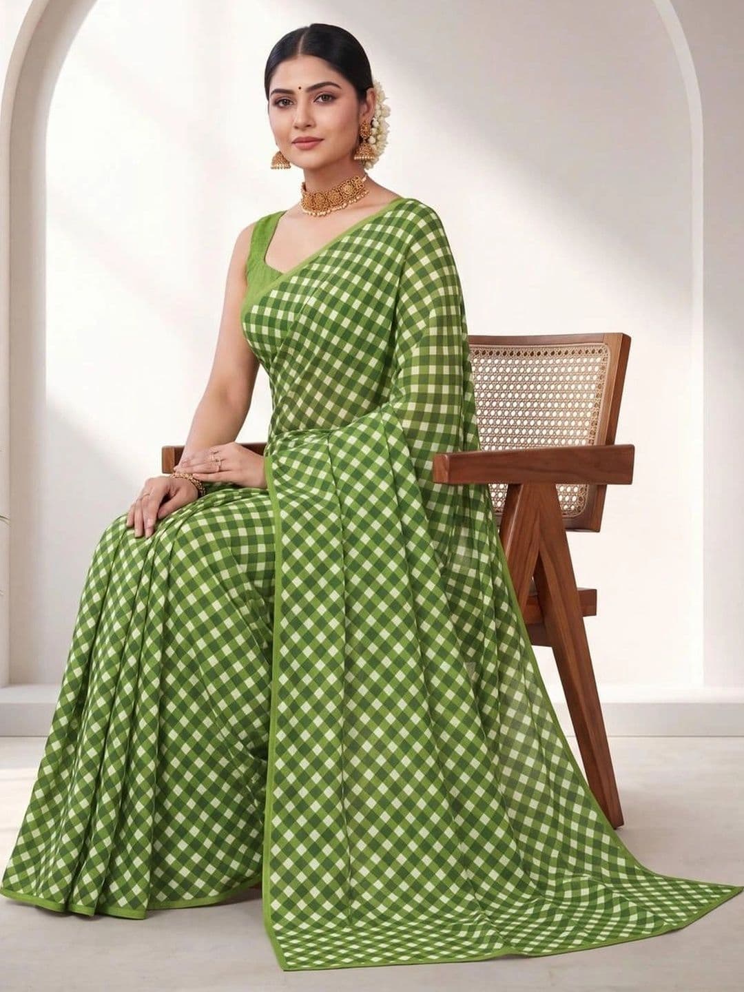 SAMANTHA Checked Poly Georgette Saree thumbnail 2