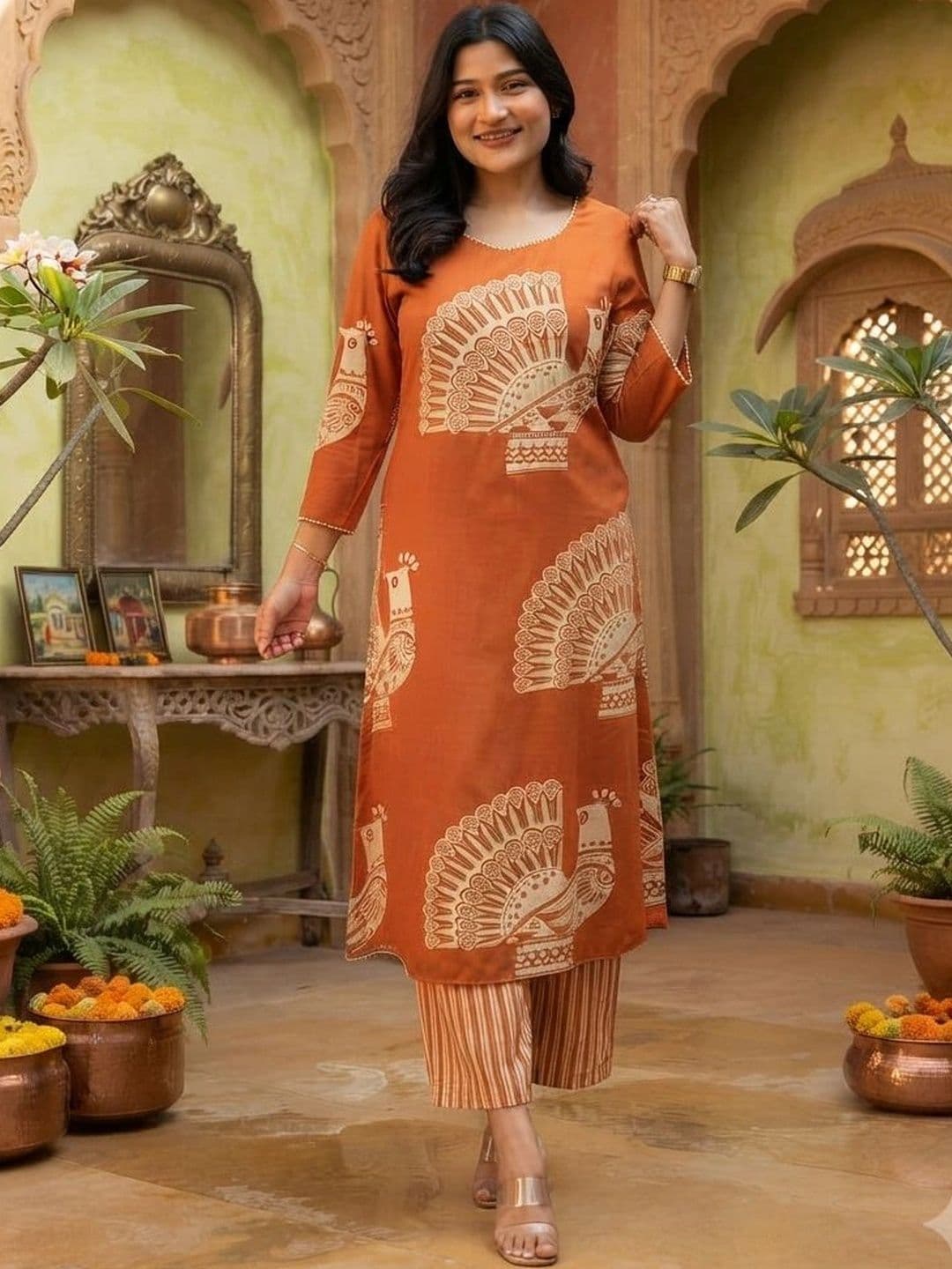 Moda Rapido Women Ethnic Motifs Printed Regular Pure Cotton Kurta with Palazzos thumbnail 5