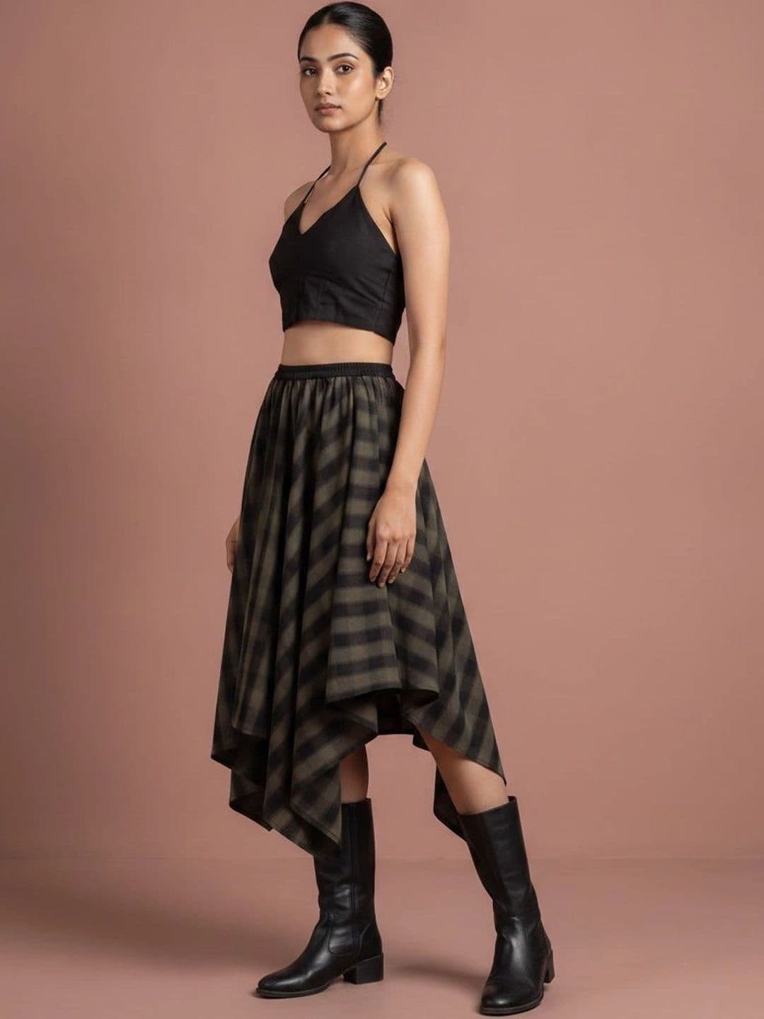 INUKA Women Pure Cotton Checked Summer Checks Midi Flared Skirt thumbnail 2