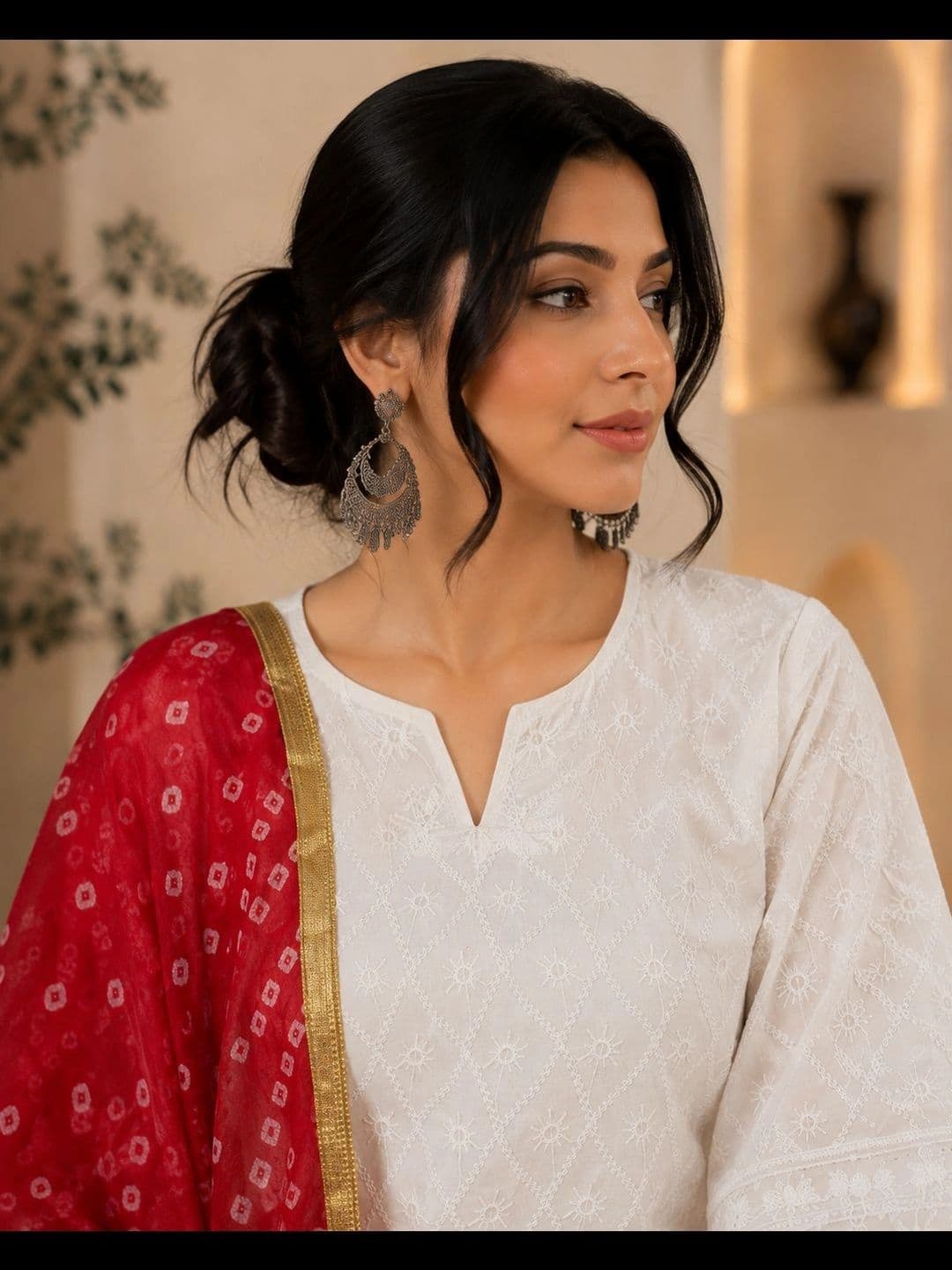 SINGNI Women Ethnic Motifs Embroidered Regular Chikankari Pure Cotton Kurta with Trousers & With Dupatta thumbnail 4