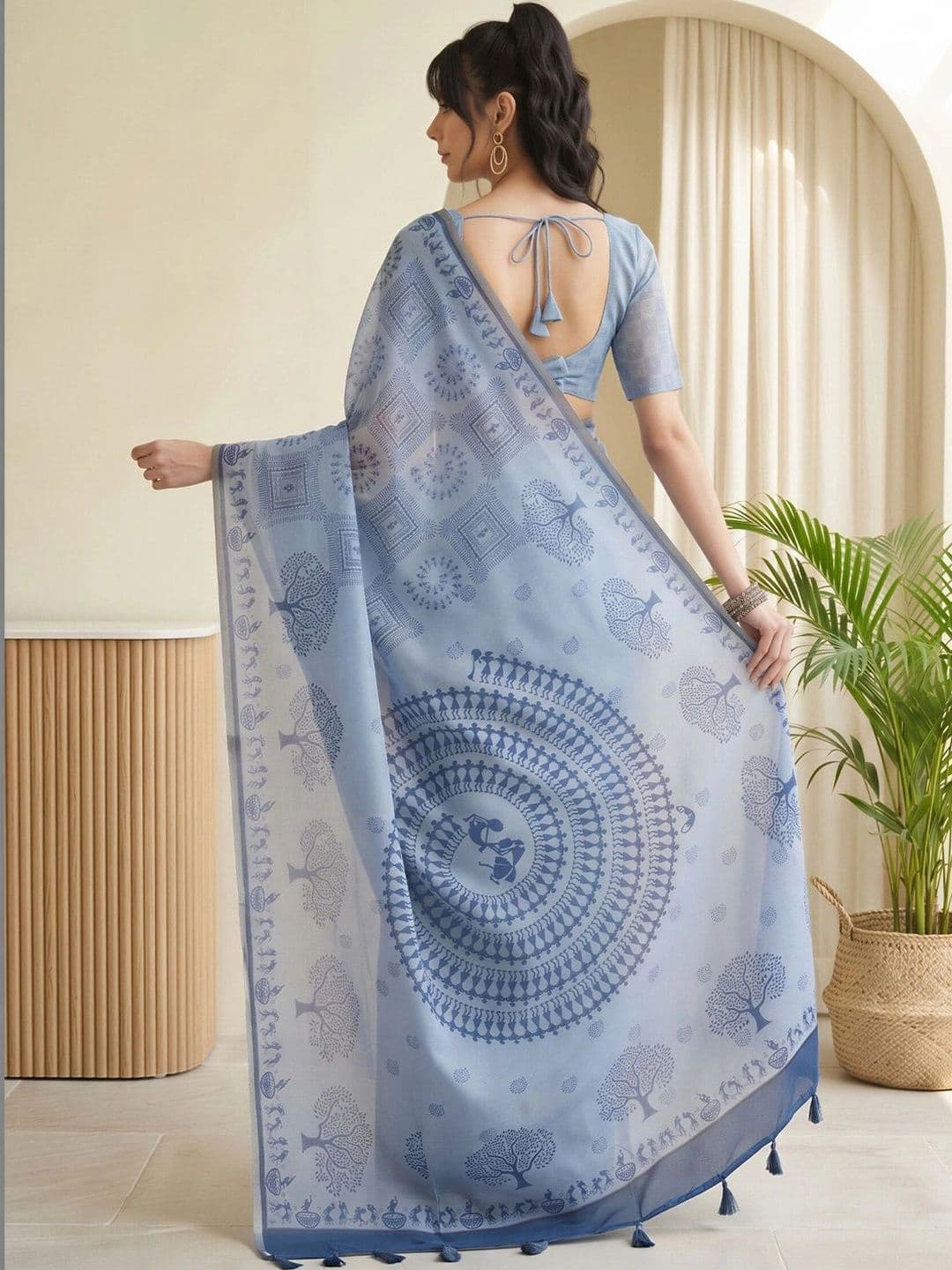 Sangria Warli Linen Blend Designer Block Print Saree thumbnail 2