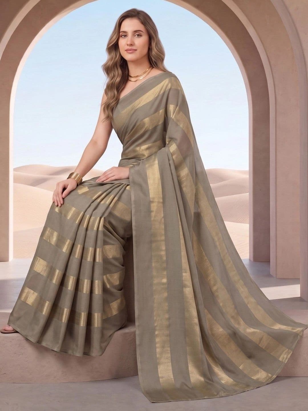 House of Vived Striped Zari Silk Blend Designer Saree thumbnail 5
