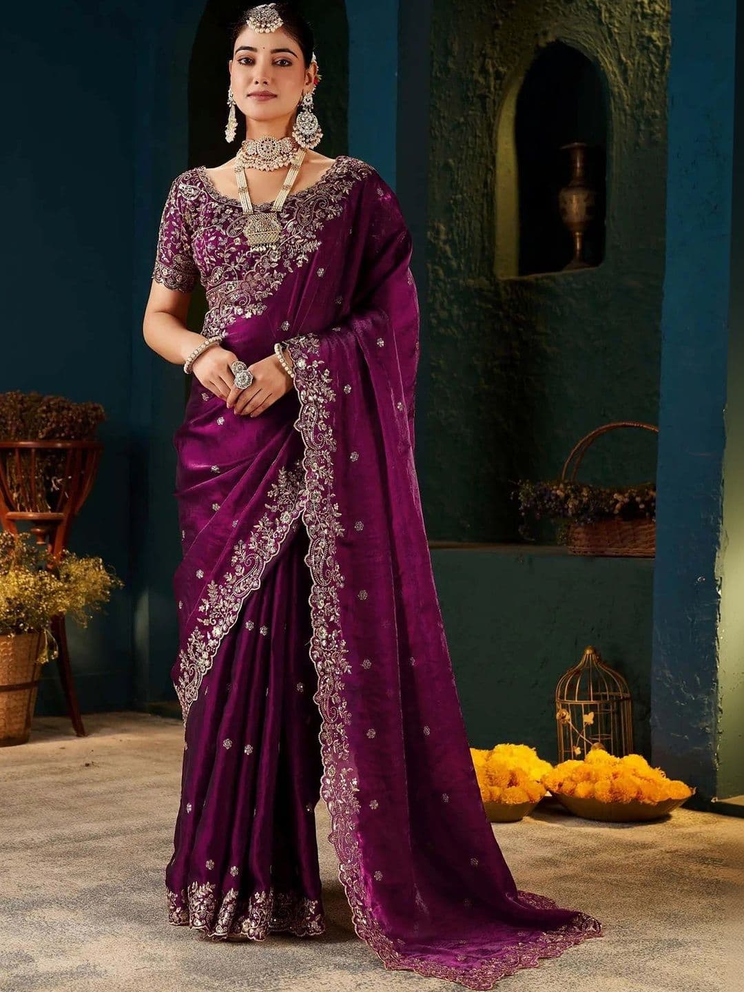 Sangria Floral Embroidered Organza Leheriya Saree - view 1