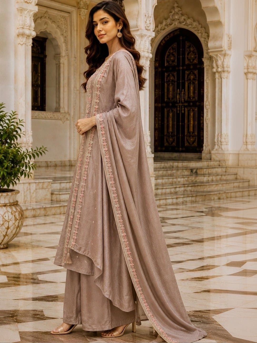 NEEL ETHNICS Women Ethnic Motifs Embroidered Regular Thread Work Pure Silk Kurta with Palazzos & With Dupatta thumbnail 5