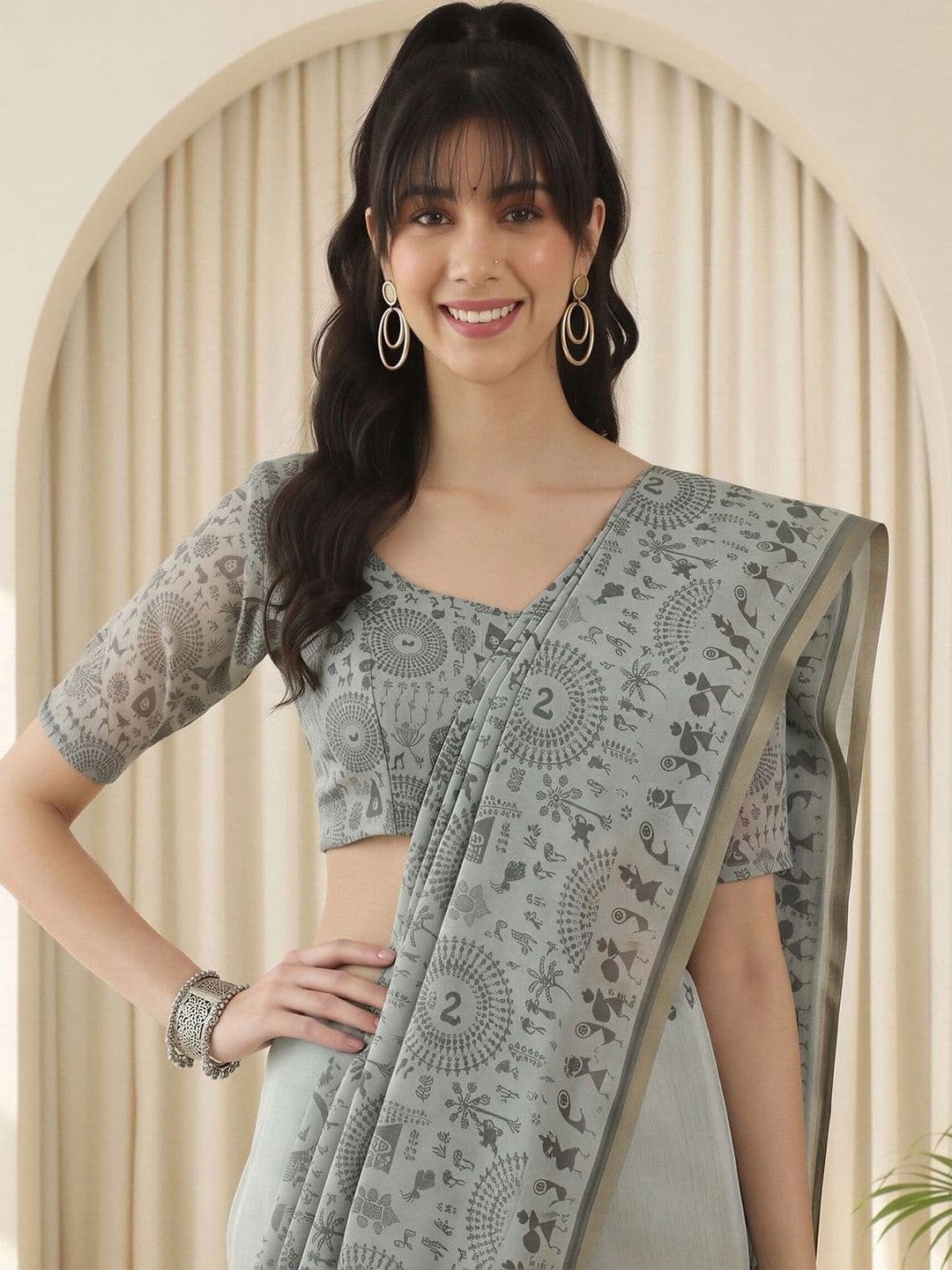 Sangria Warli Linen Blend Fusion Block Print Saree thumbnail 3