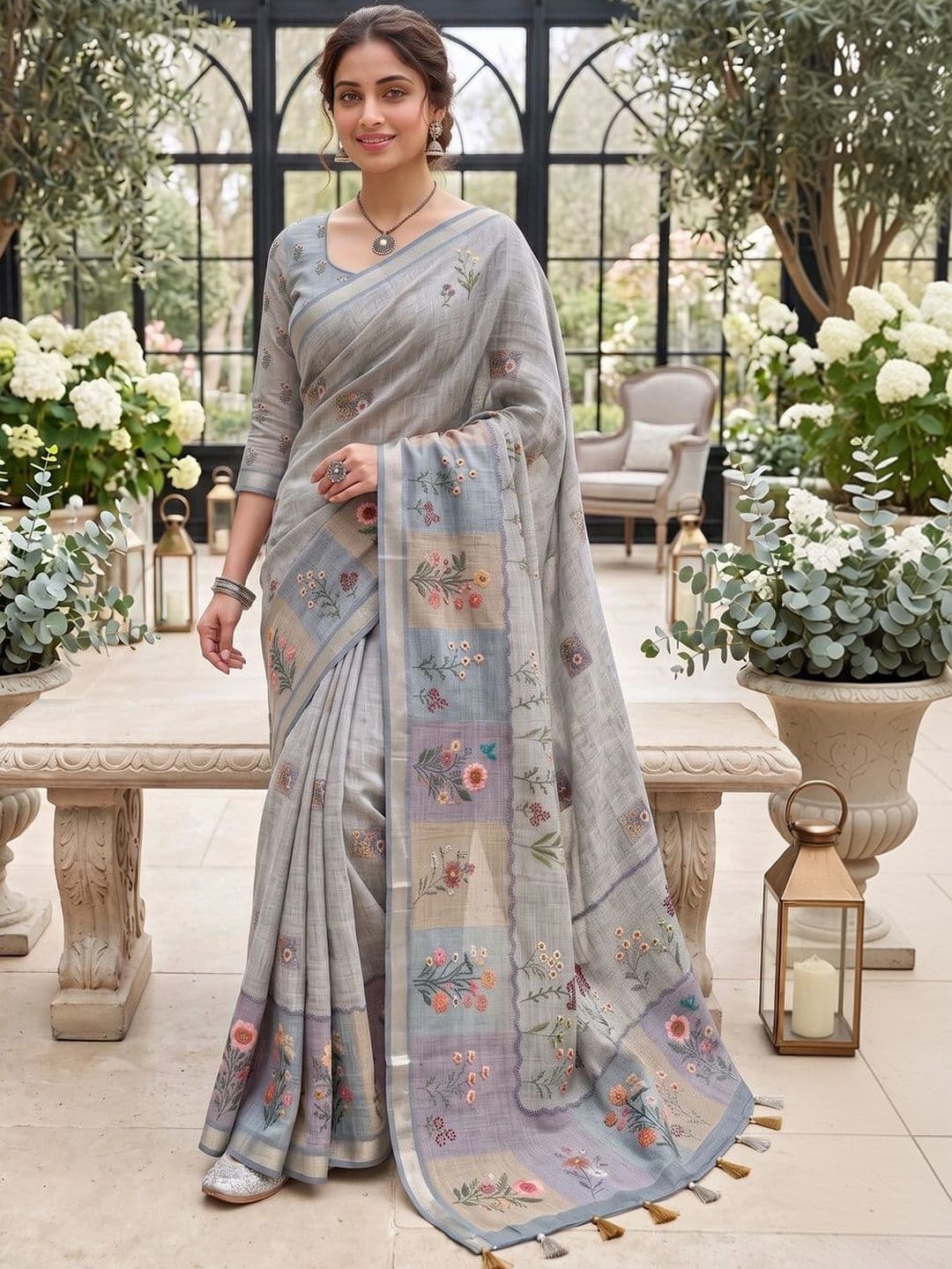 Mitera Floral Embroidered Linen Blend Tussar Saree thumbnail 3