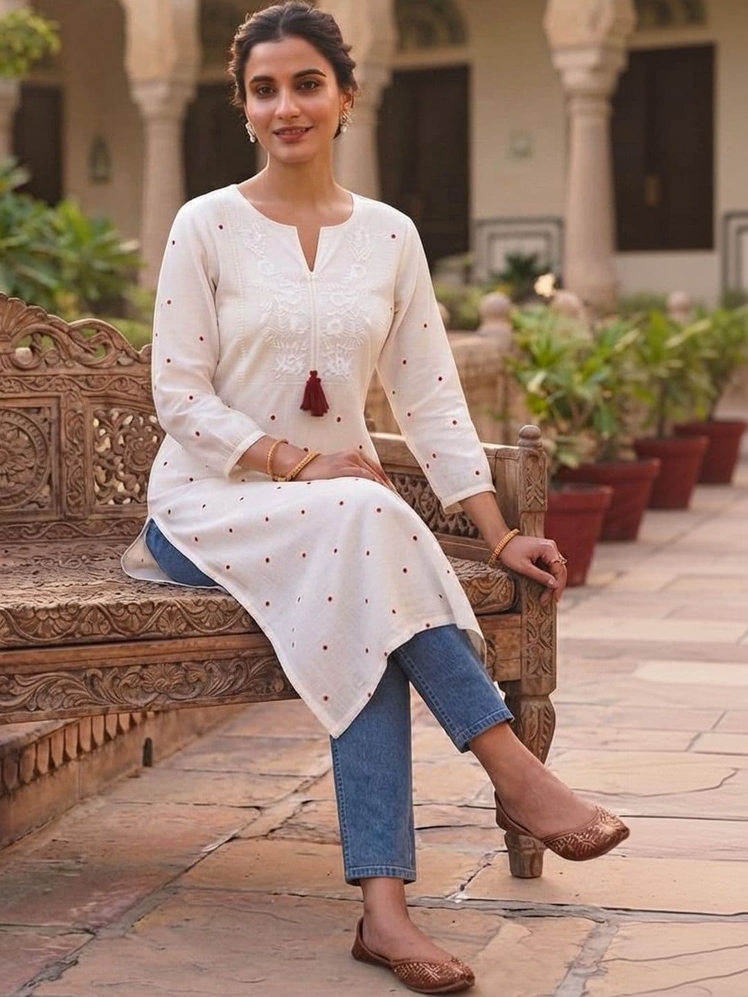 RR SA KURTIS Women Polka Dot Printed Thread Work Kurta thumbnail 3