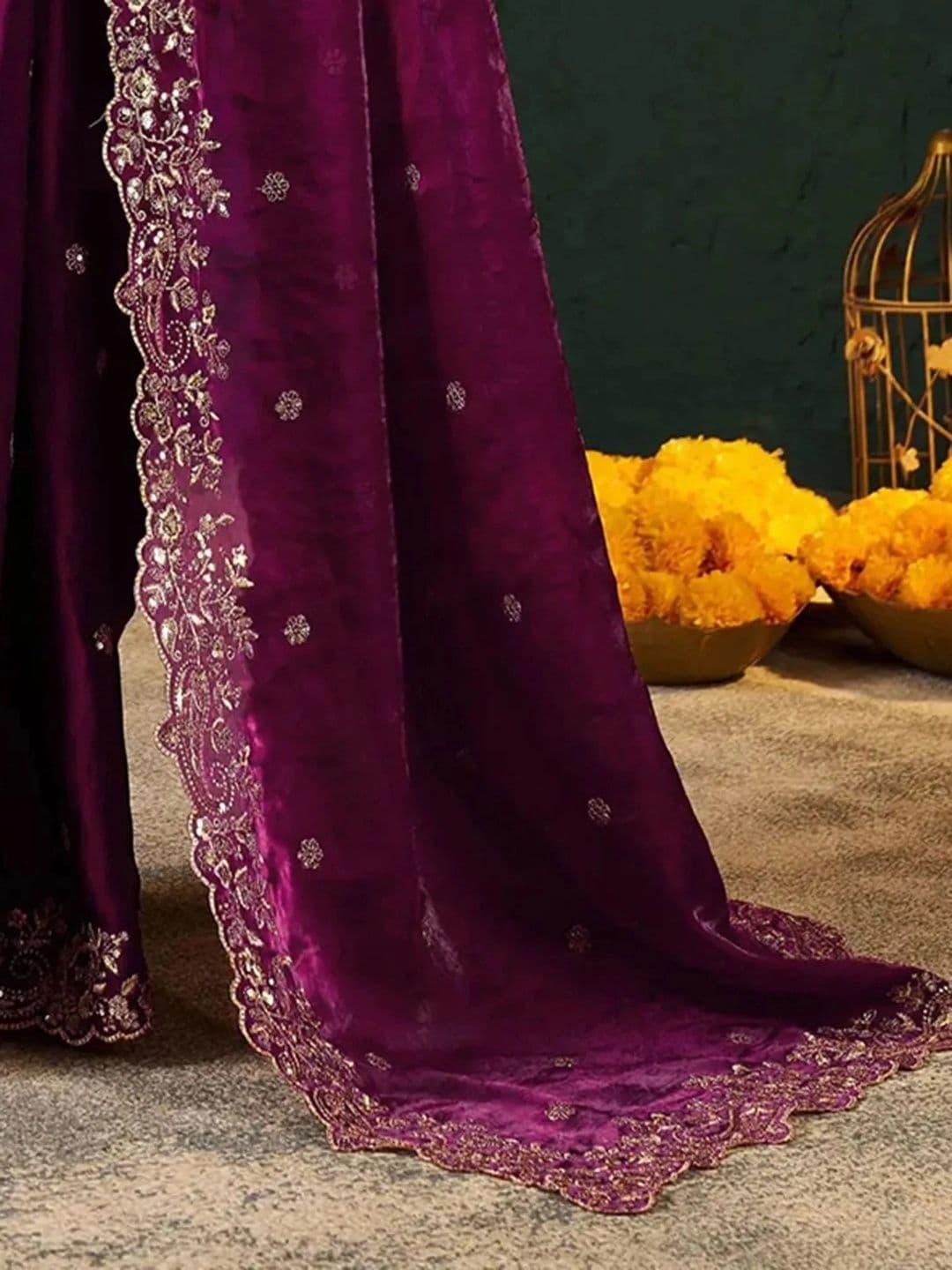 Sangria Floral Embroidered Organza Leheriya Saree thumbnail 3