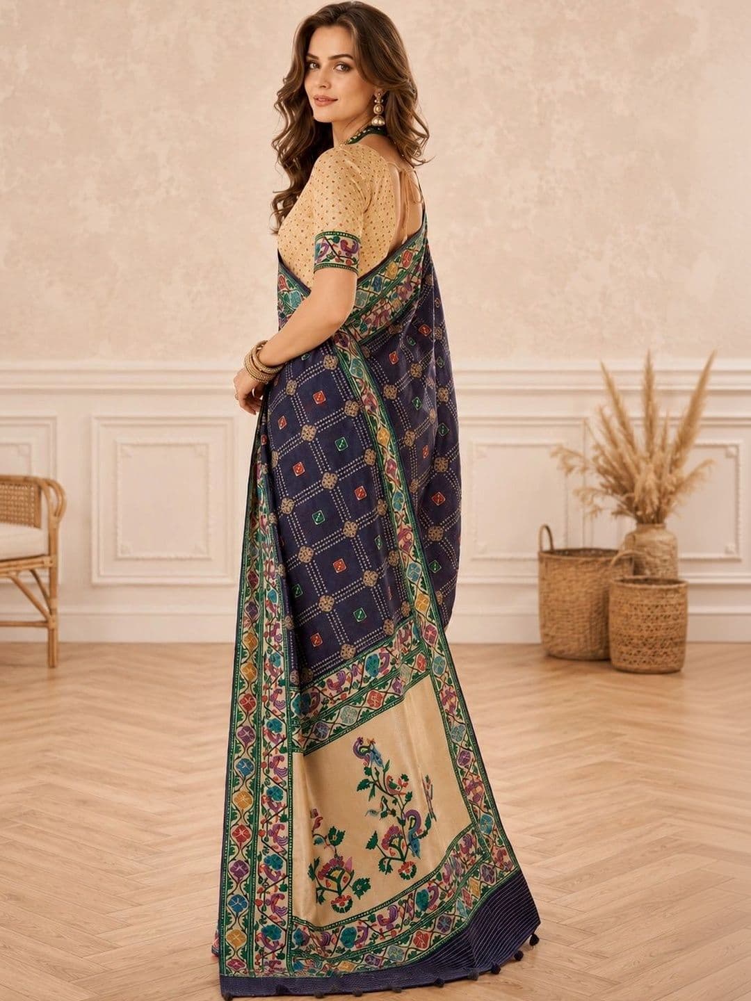 all about you Ethnic Motifs Zari Silk Blend Designer Paithani Saree thumbnail 4