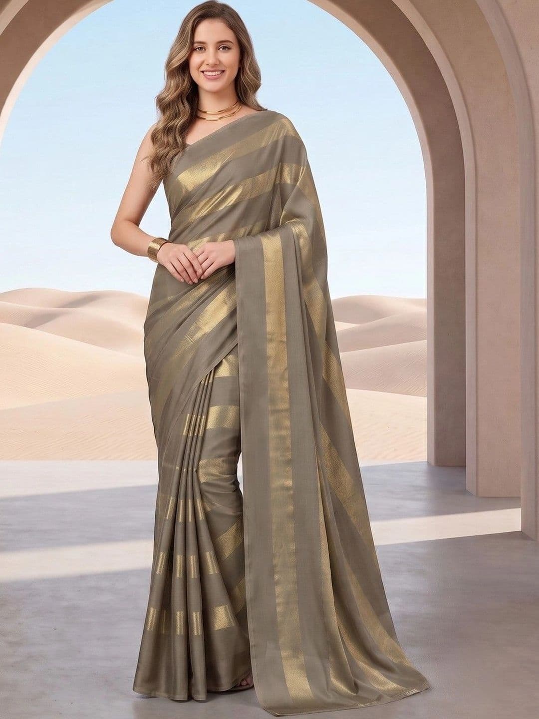 House of Vived Striped Zari Silk Blend Designer Saree - view 1