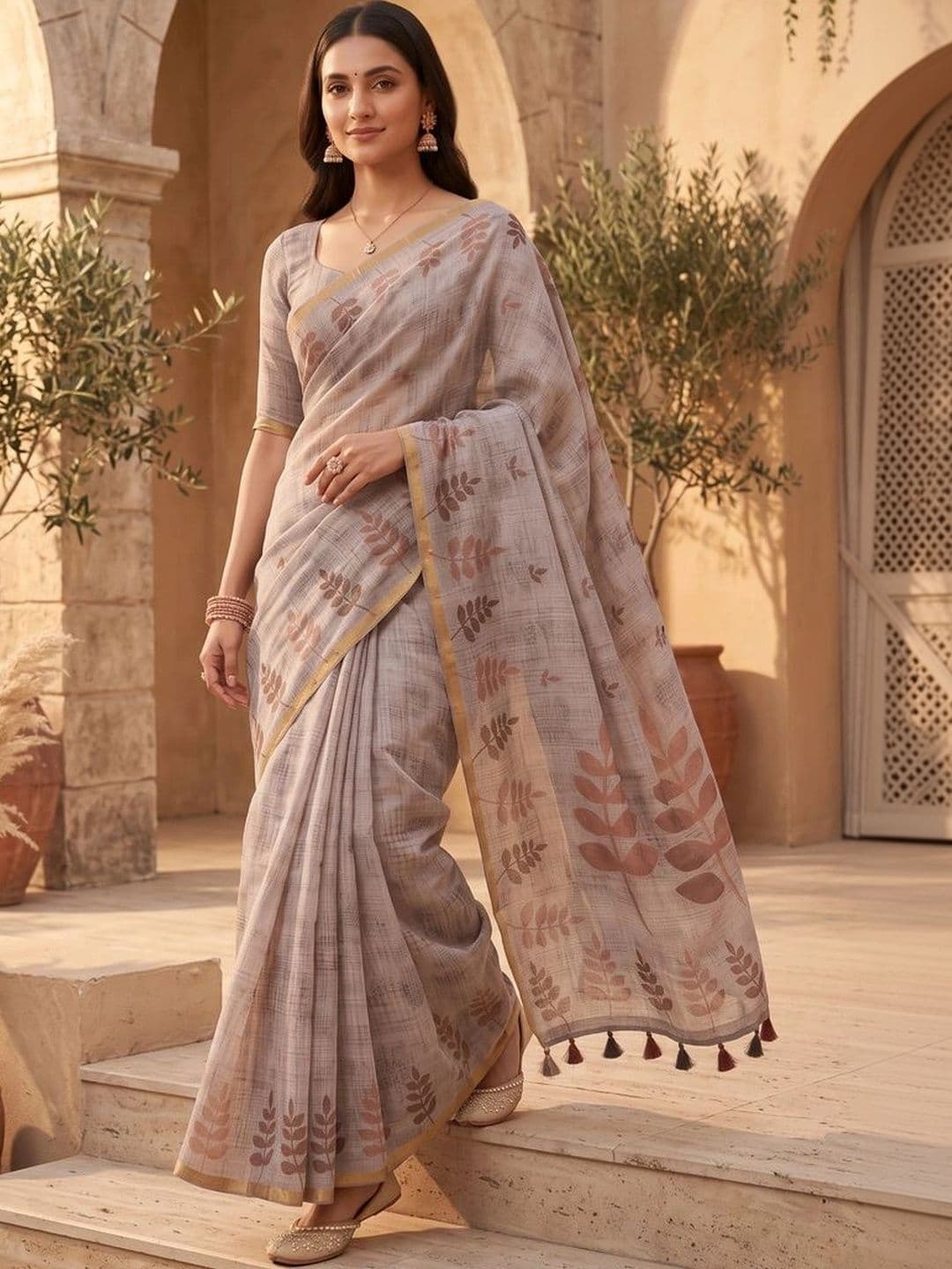 Mitera Floral Linen Blend Tussar Saree thumbnail 4