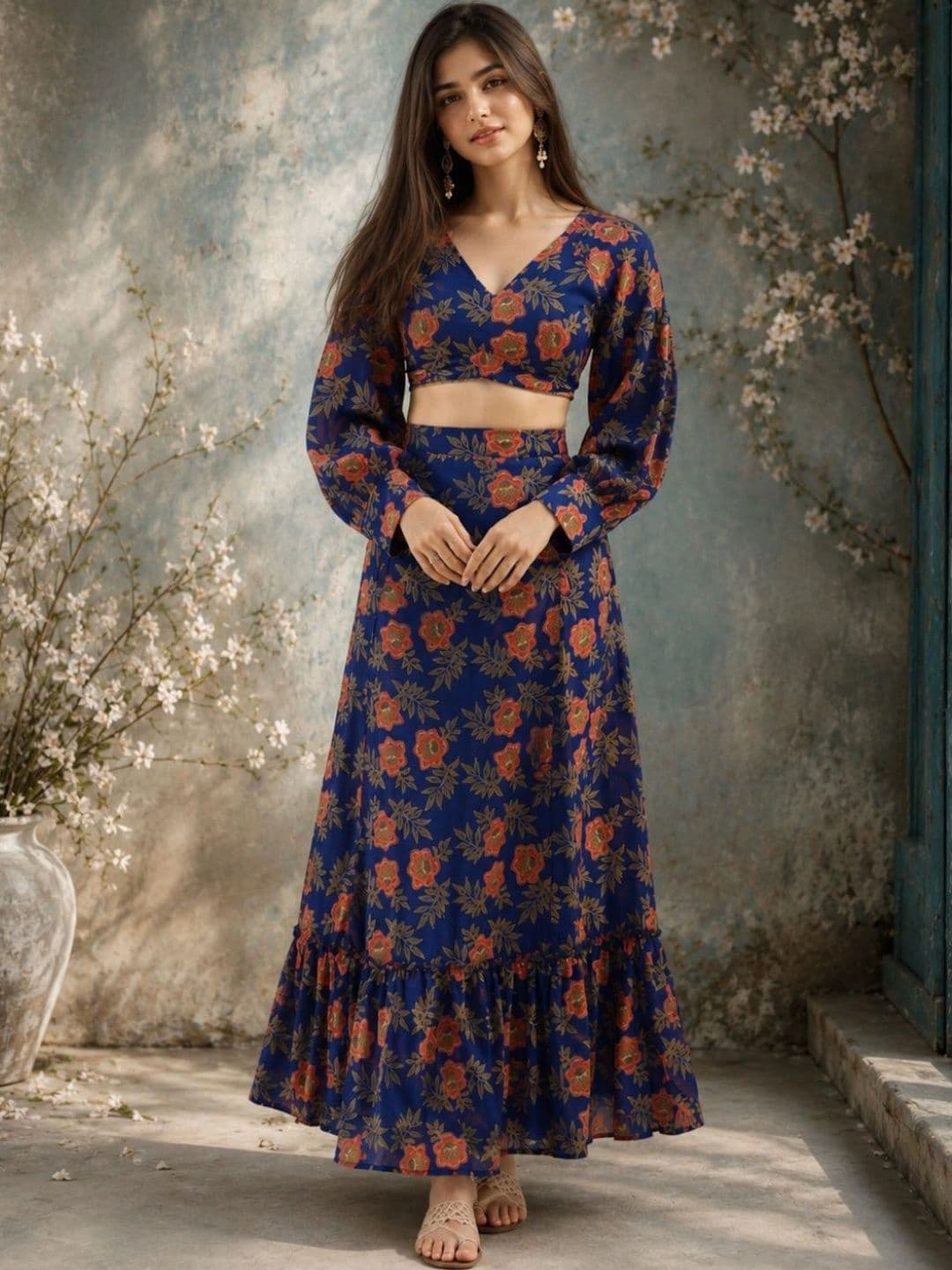 indo street Women Floral Printed Top with Skirt - view 1