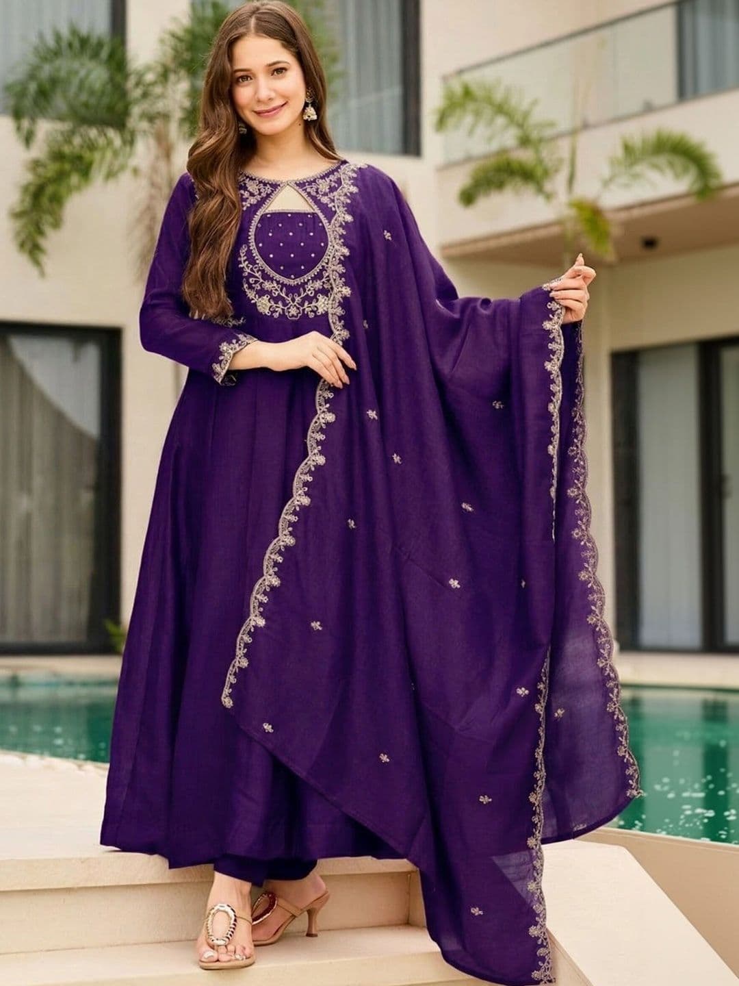 Sangria Women Ethnic Motifs Embroidered Empire Thread Work Kurta with Trousers & With Dupatta thumbnail 3