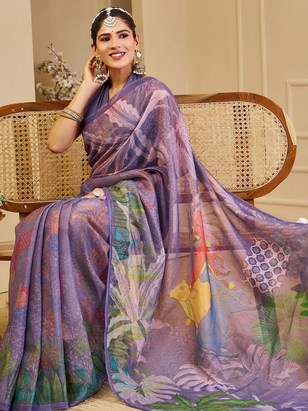 ZAMUNA Women Floral Tissue Designer Bhagalpuri Saree thumbnail 4