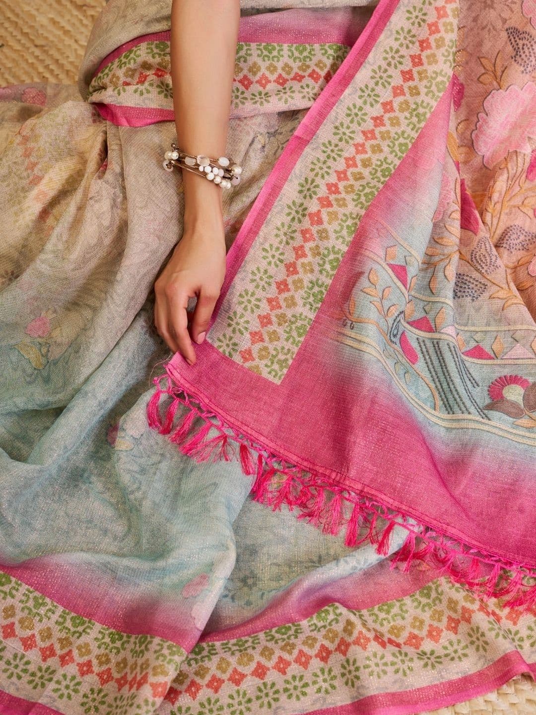ZAMUNA Floral Tissue Designer Bhagalpuri Saree thumbnail 6