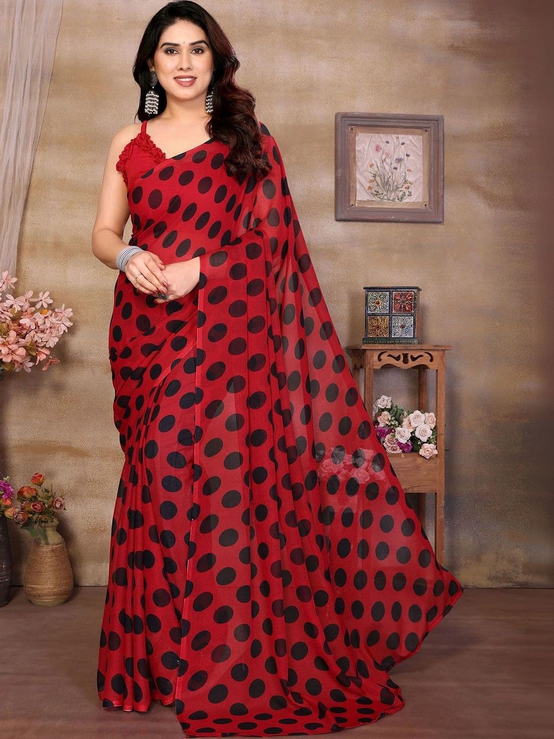 NIRVAAN Polka Dot Pure Georgette Saree thumbnail 3