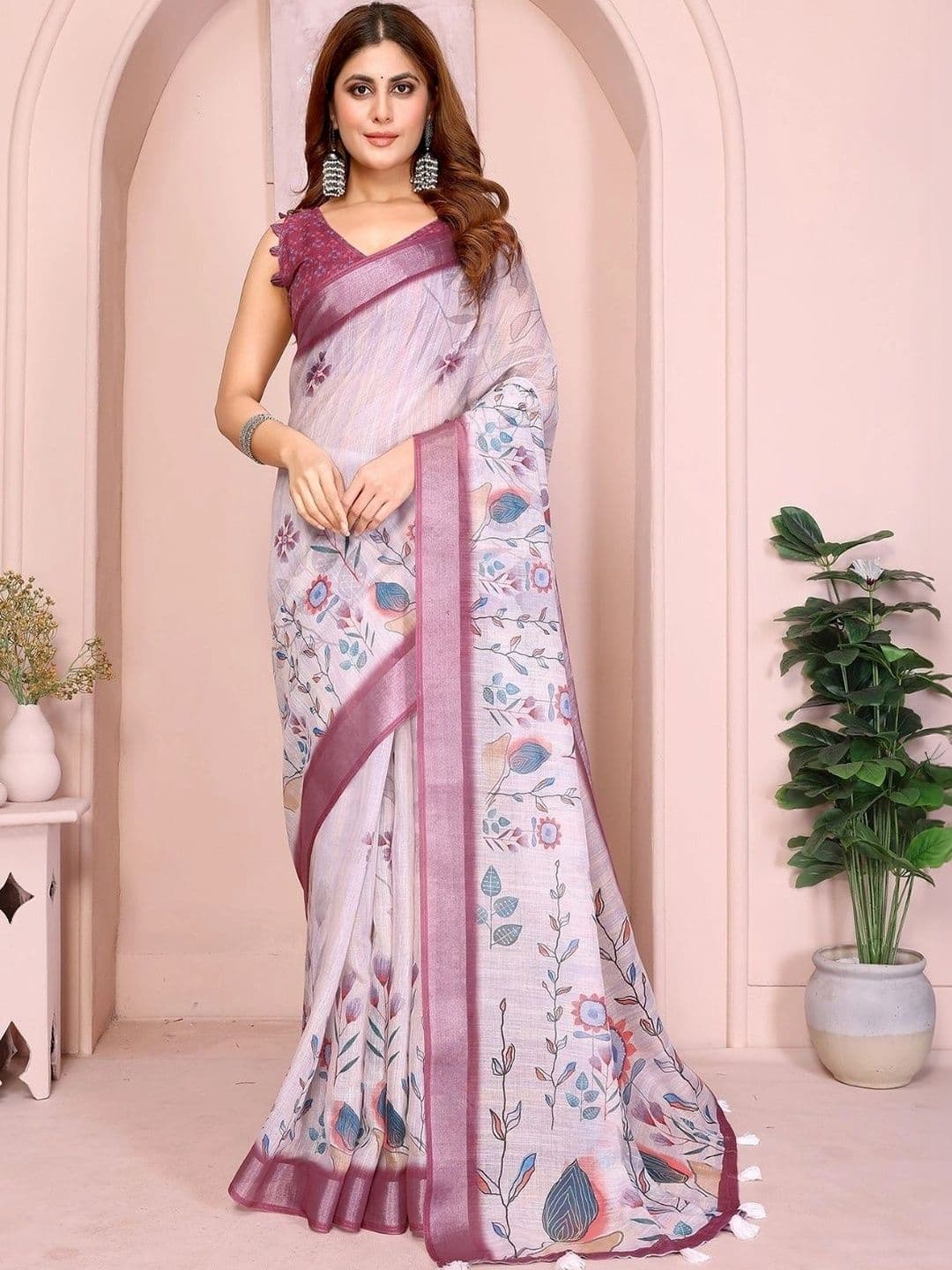Kesarii Floral Linen Blend Saree - view 1