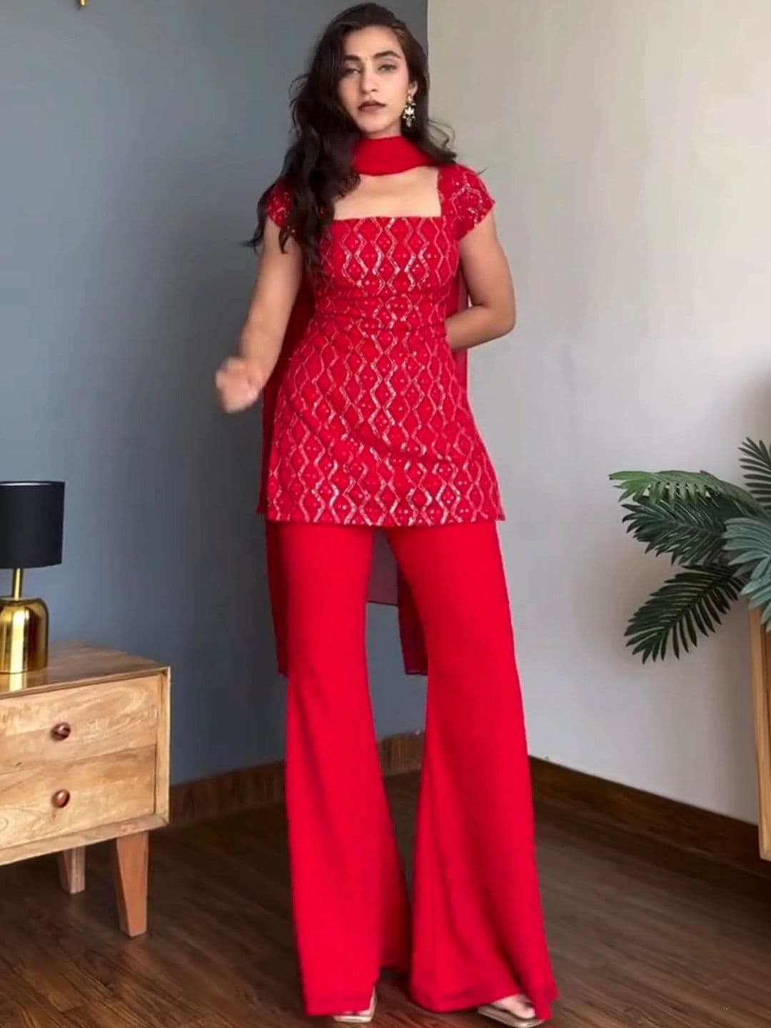 HERE&NOW Women Ethnic Motifs Embroidered Regular Sequinned Kurta with Palazzos & With Dupatta thumbnail 6