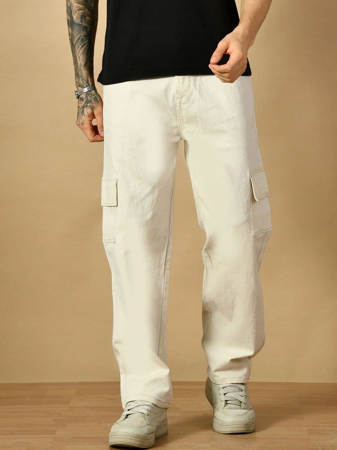 HERE&NOW Men's Solid Beige Mid-Rise Relaxed Fit Cargo Jeans - view 1