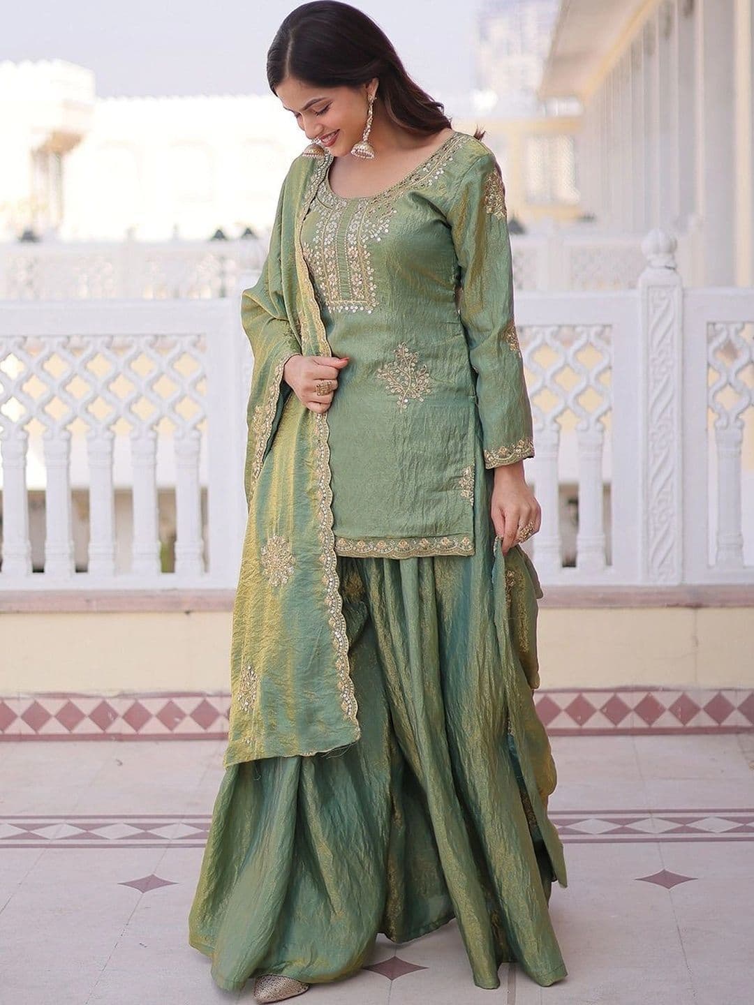 KALINI Ethnic Motifs Embroidered Dupion Silk Straight Kurta with Sharara & Dupatta thumbnail 7