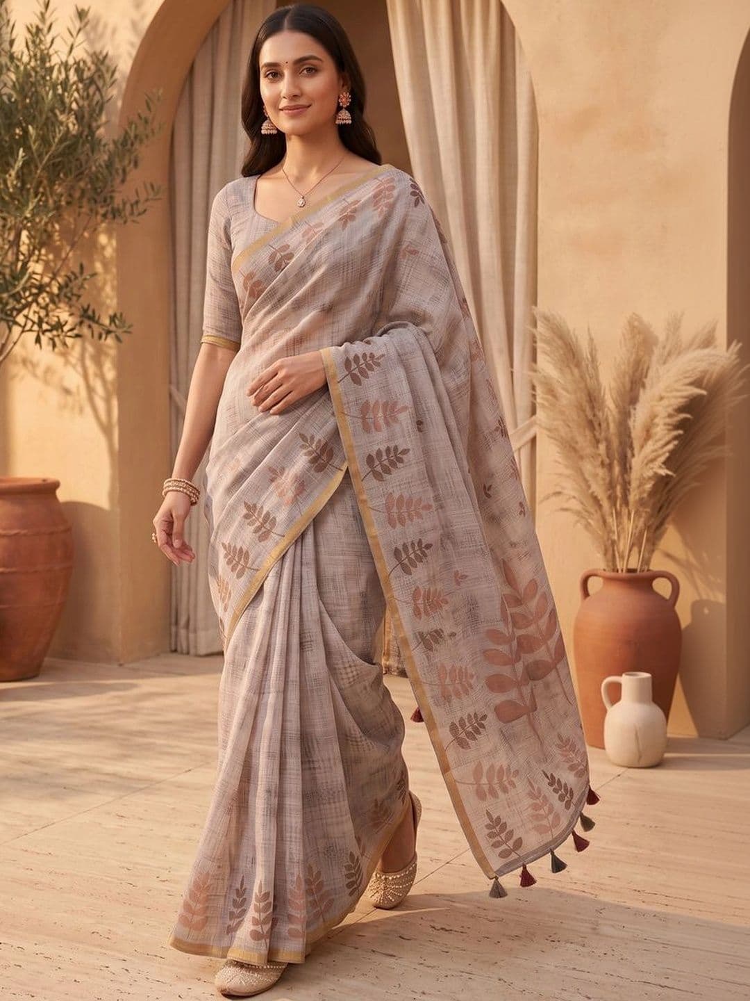 Mitera Floral Linen Blend Tussar Saree thumbnail 3
