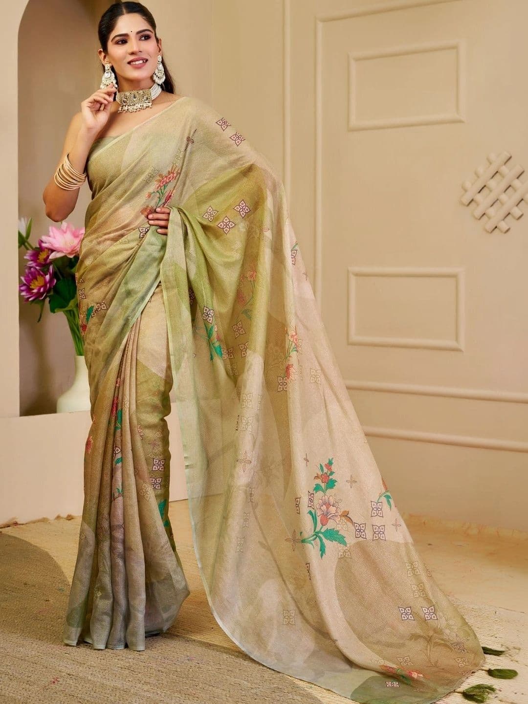 ZAMUNA Floral Tissue Fusion Bhagalpuri Saree thumbnail 3