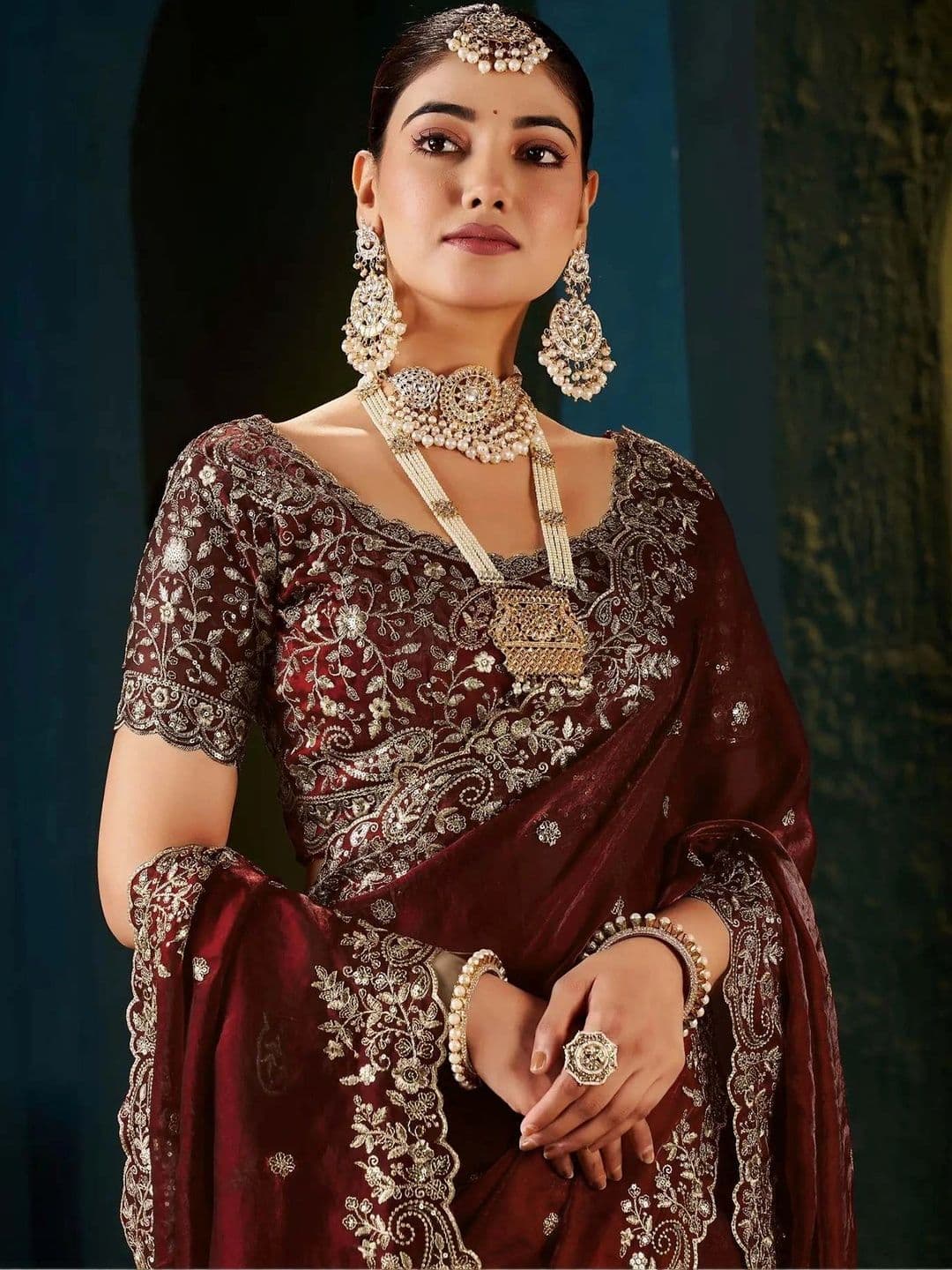 Sangria Floral Embroidered Organza Leheriya Saree thumbnail 4