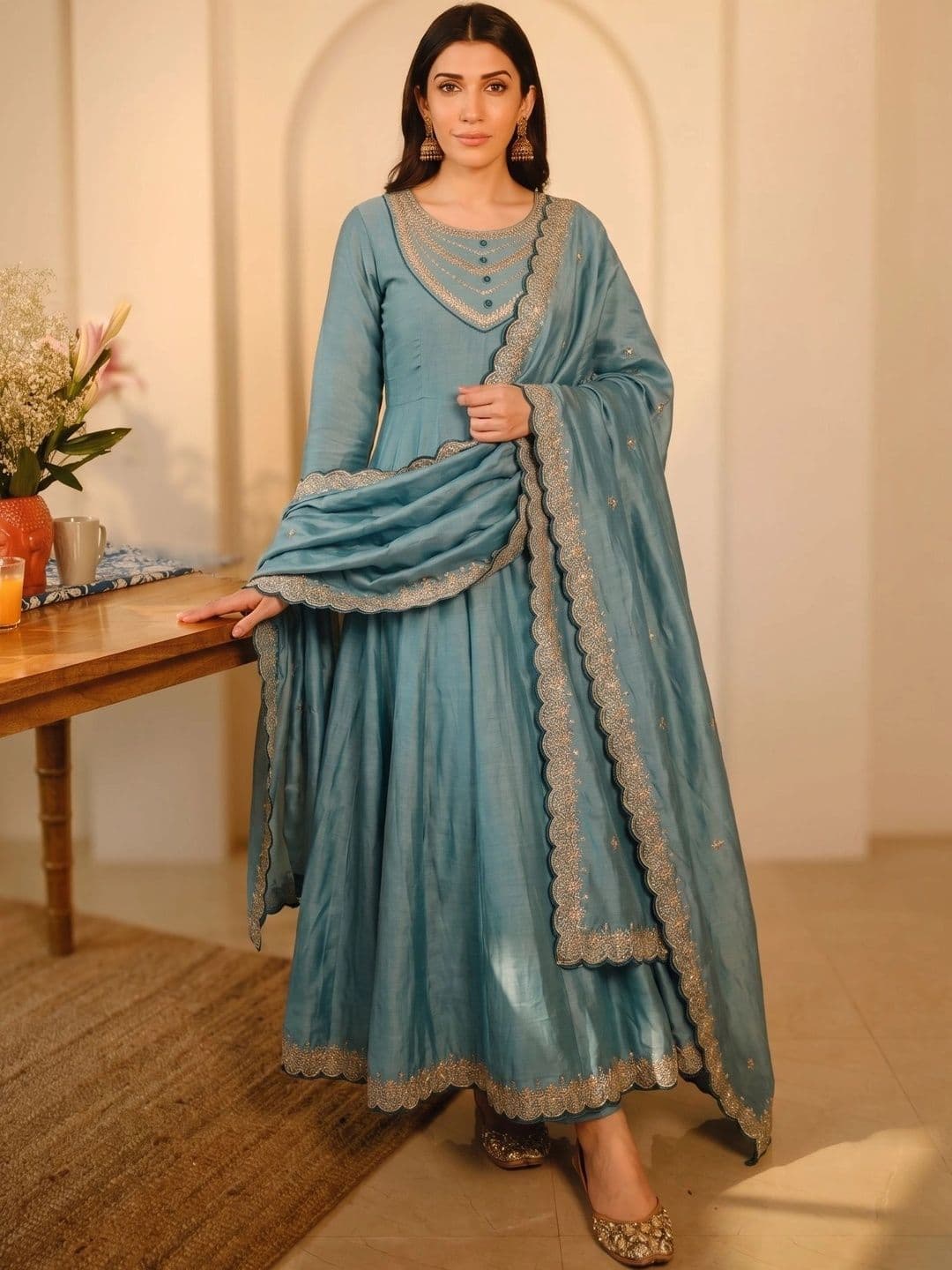 KALINI Women Ethnic Motifs Embroidered Empire Dupion Silk Kurta with Trousers & Dupatta - view 1