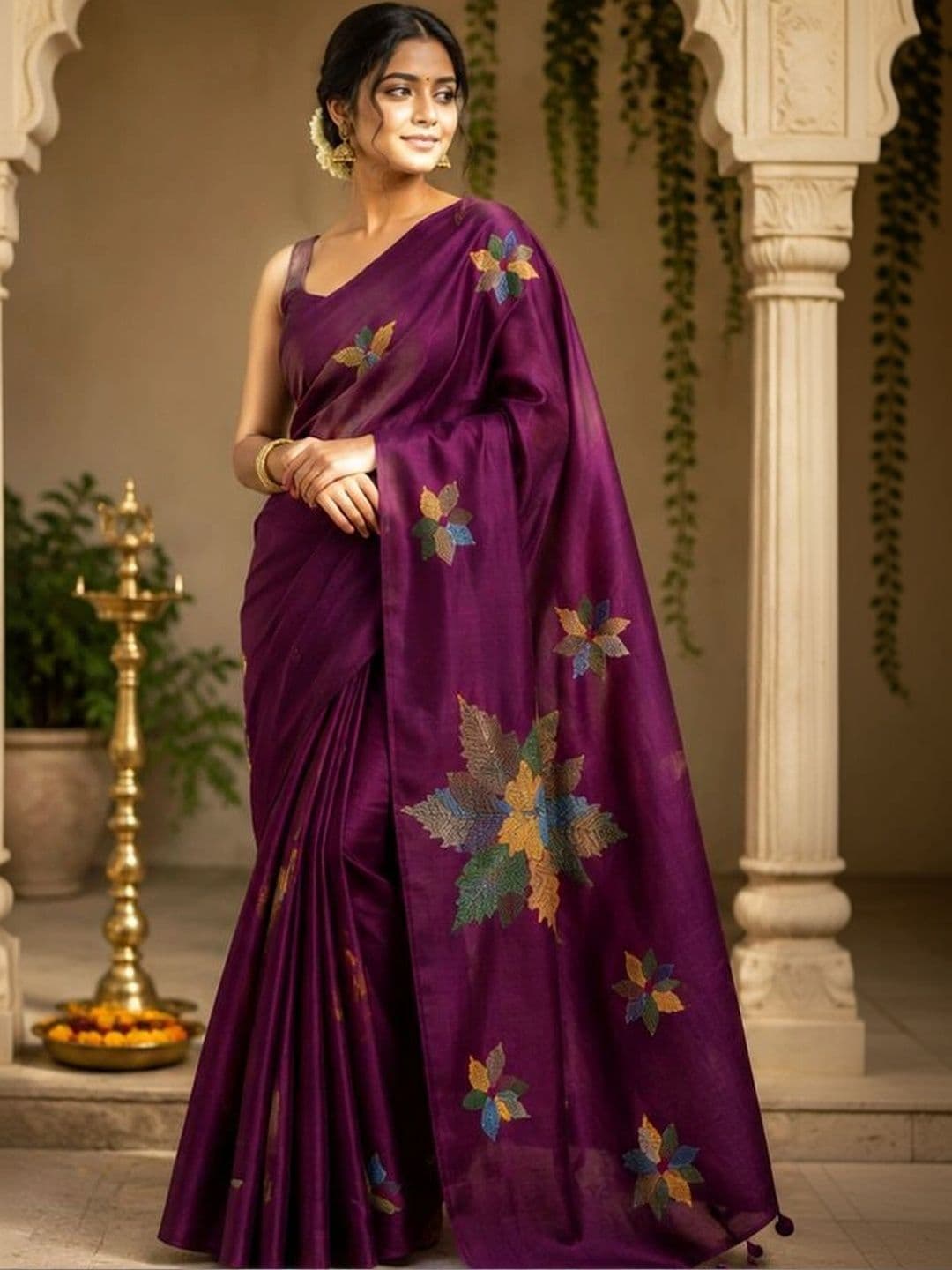Madhav Kreation Woven Design Embroidered Linen Blend Mysore Silk Saree - view 1