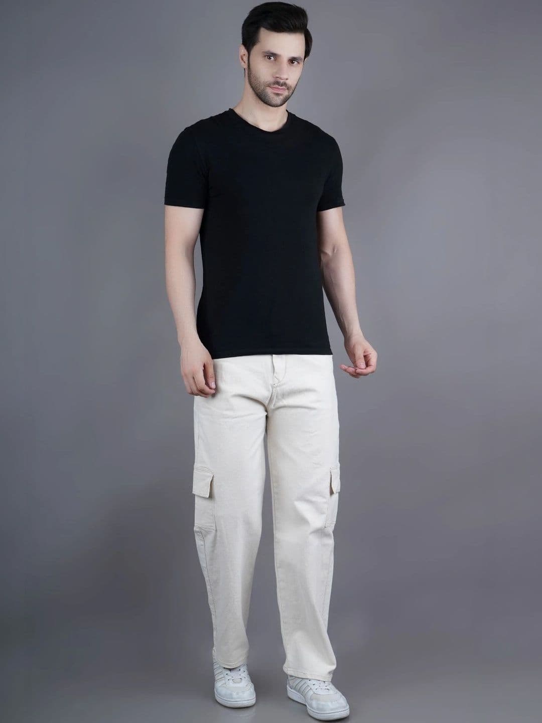 HERE&NOW Men's Contrast-Stitched Mid-Rise Cargo Relaxed Fit Jeans thumbnail 5
