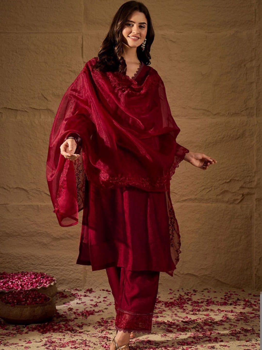 Sangria Women Ethnic Motifs Regular Thread Work Kurta with Trousers & With Dupatta thumbnail 4