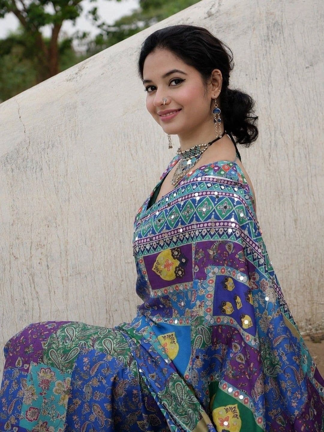 Sangria Ajrak Block Mirror Work Poly Chiffon Patola Saree thumbnail 3